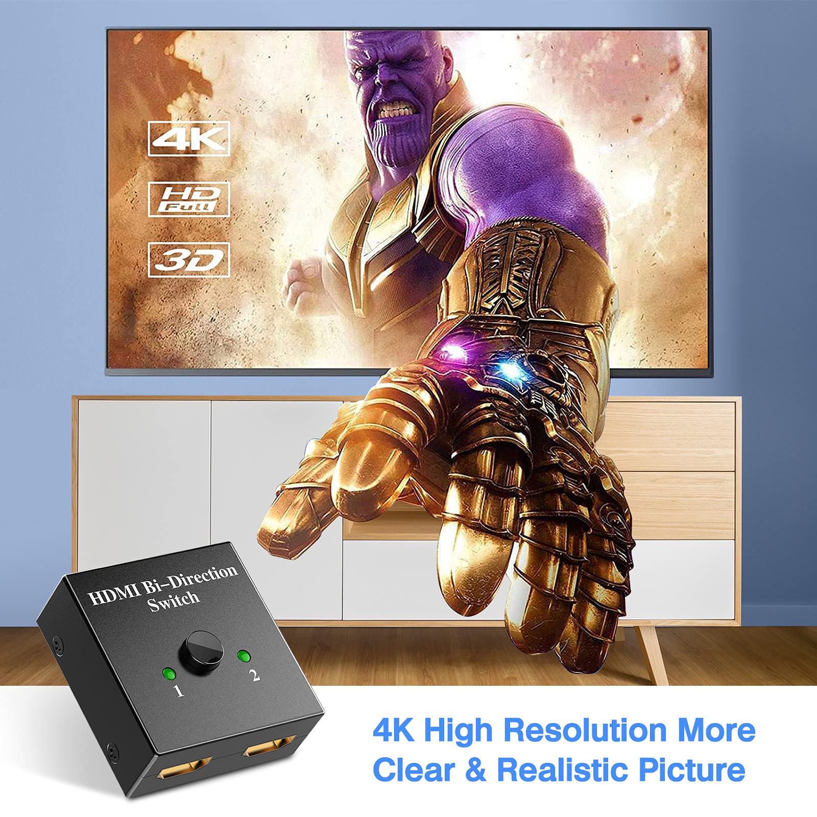 Switch HDMI 4K, Conmutador HDMI Switch 4K Aluminio Bidireccional 2 Entradas a 1 Salida o Switch 1 in 2 out, Duplicador HDMI Soporta 3D y 1080P, HDMI 2.0 Splitter para HDTV, BLU-Ray Player, PS3, Xbox