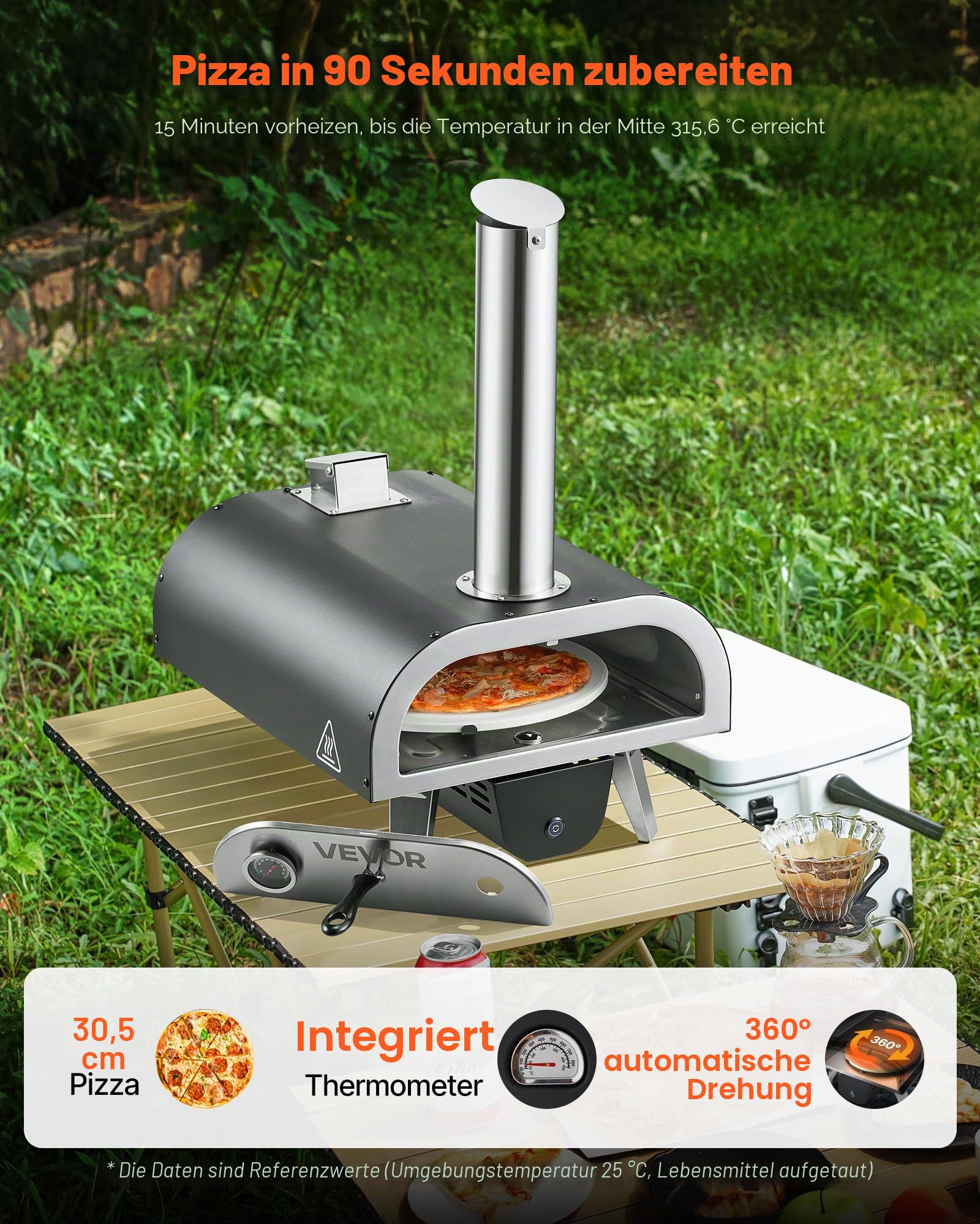 VEVOR Pizzaofen Outdoor 304,8 mm / 12 Zoll Holzofen, Pellet-Pizzaofen mit Thermometer & elektrischer Rotation, tragbarer Pizzamaker für Camping im Garten Terrasse Pizzastein Tragetasche Schaufel