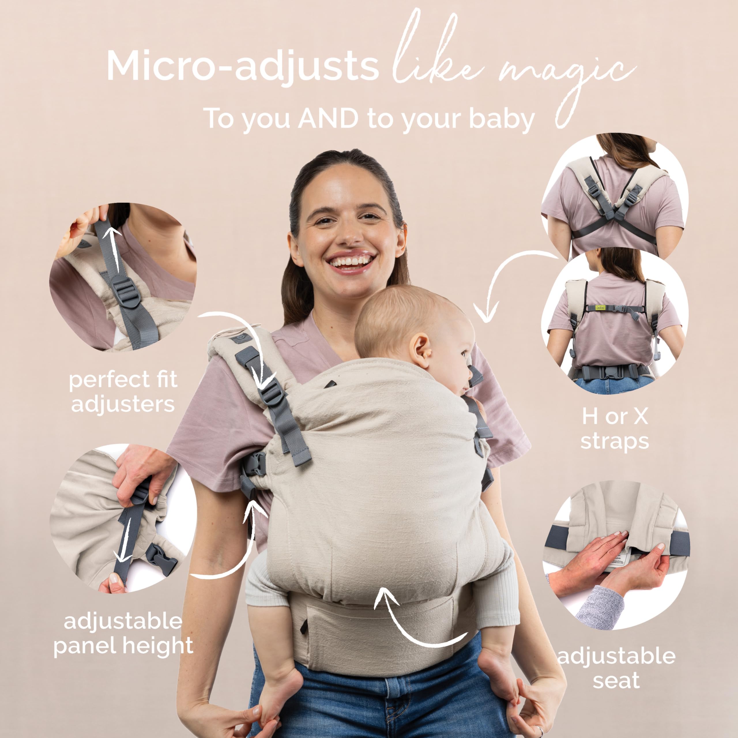 Boba X Baby Carrier Newborn to Toddler - Adjustable Front and Backpack Carrier Petite to Plus Size 7-45 lbs, Ergonomic Baby Carrier with Crossable Straps - Breathable Linen Blend - Linen Pampas - 5