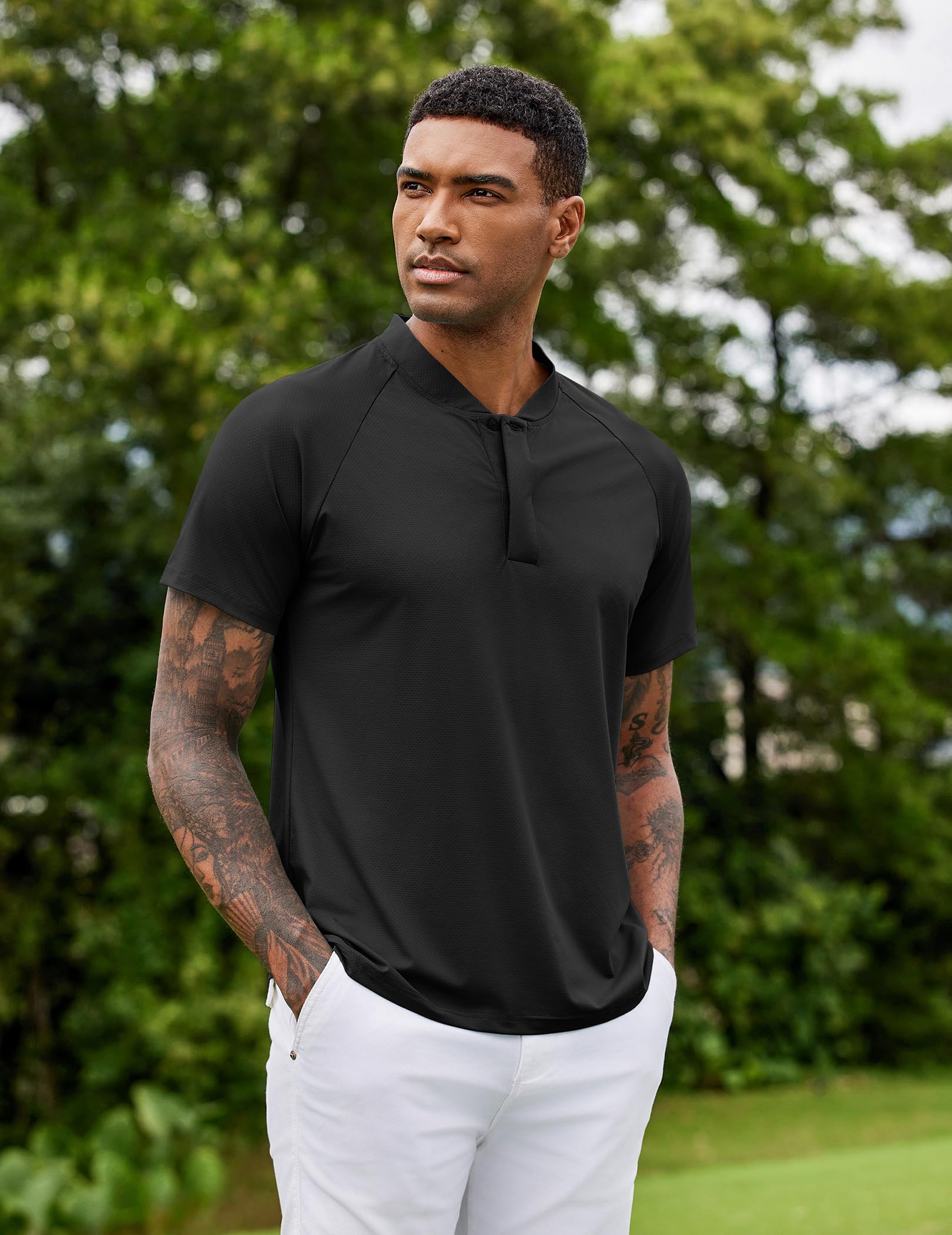 COOFANDY Mens Golf Polo Shirts Short Sleeve Performance Polo Shirts Athletic Collarless Tennis T-Shirt