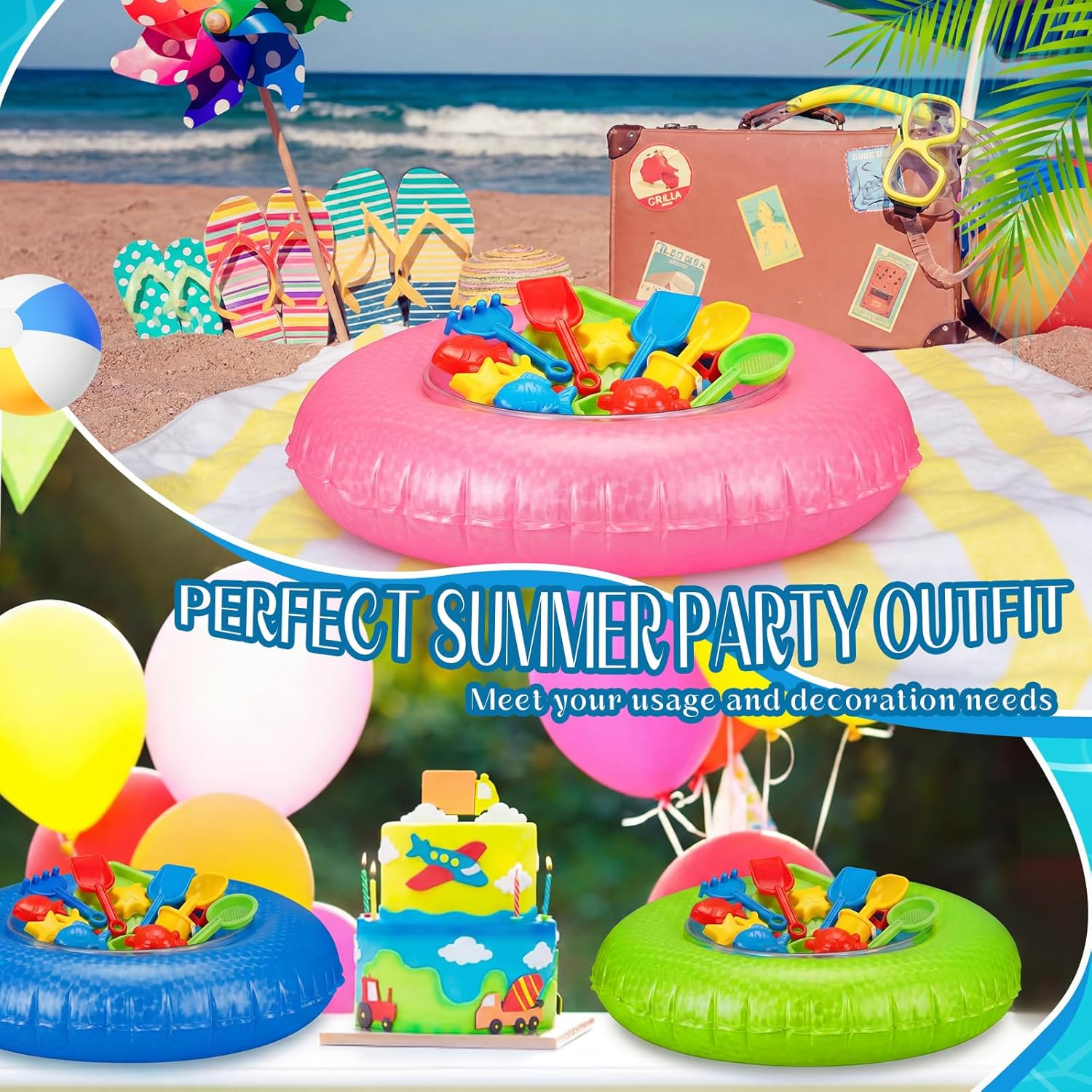 24 Pcs Drink Containers Set Include Inflatable Swimming Pool Rings Serving Buffet Bar, Plastic Scoopers, Clear Bowls and Place Cards for Pool Party Decorations Summer Party Supplies