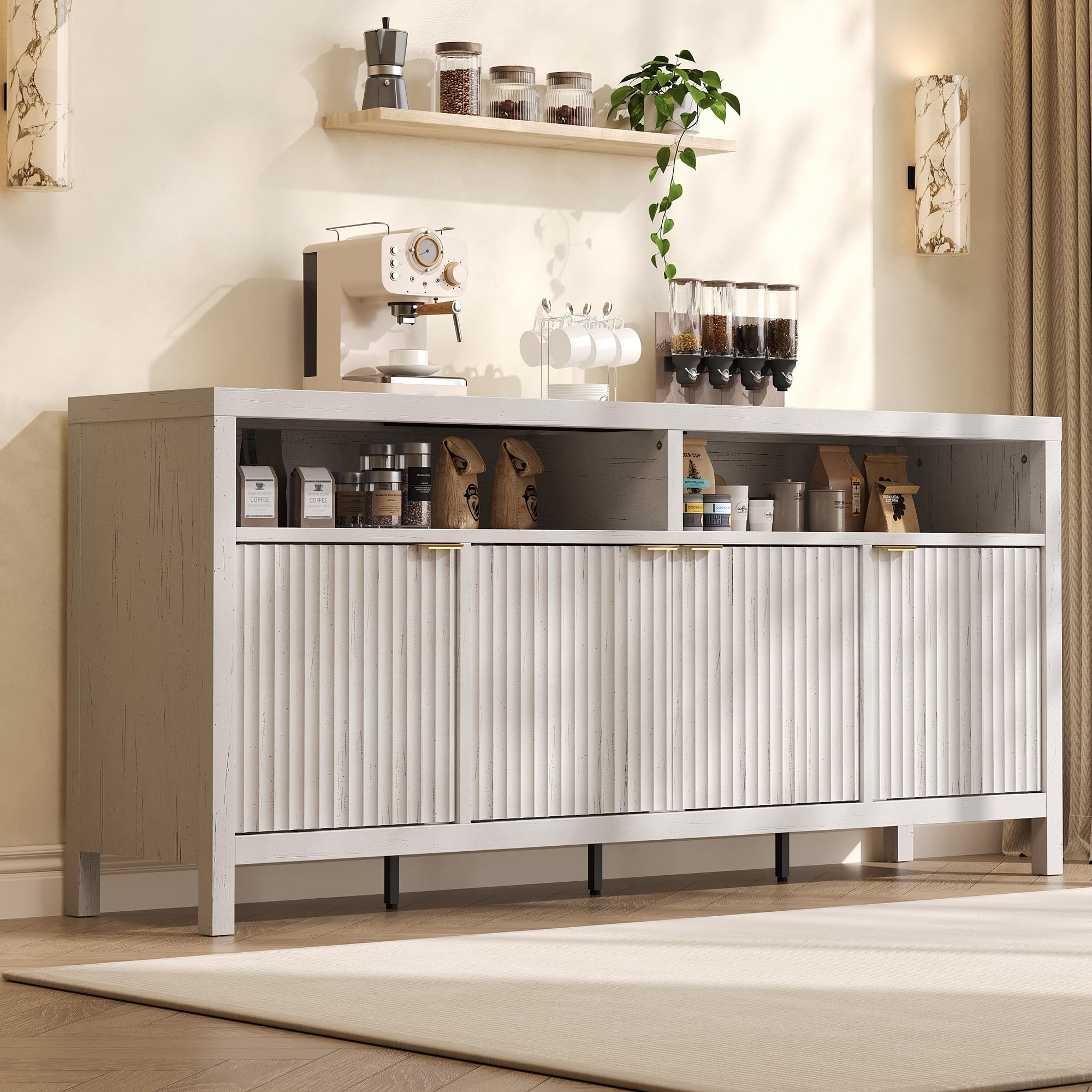 IDEALHOUSE Sideboard Buffet Cabinet with Storage，65" Fluted Cabinet with 4 Doors, Long Buffet Cabinet, Sideboard Storage Cabinet for Kitchen,Living