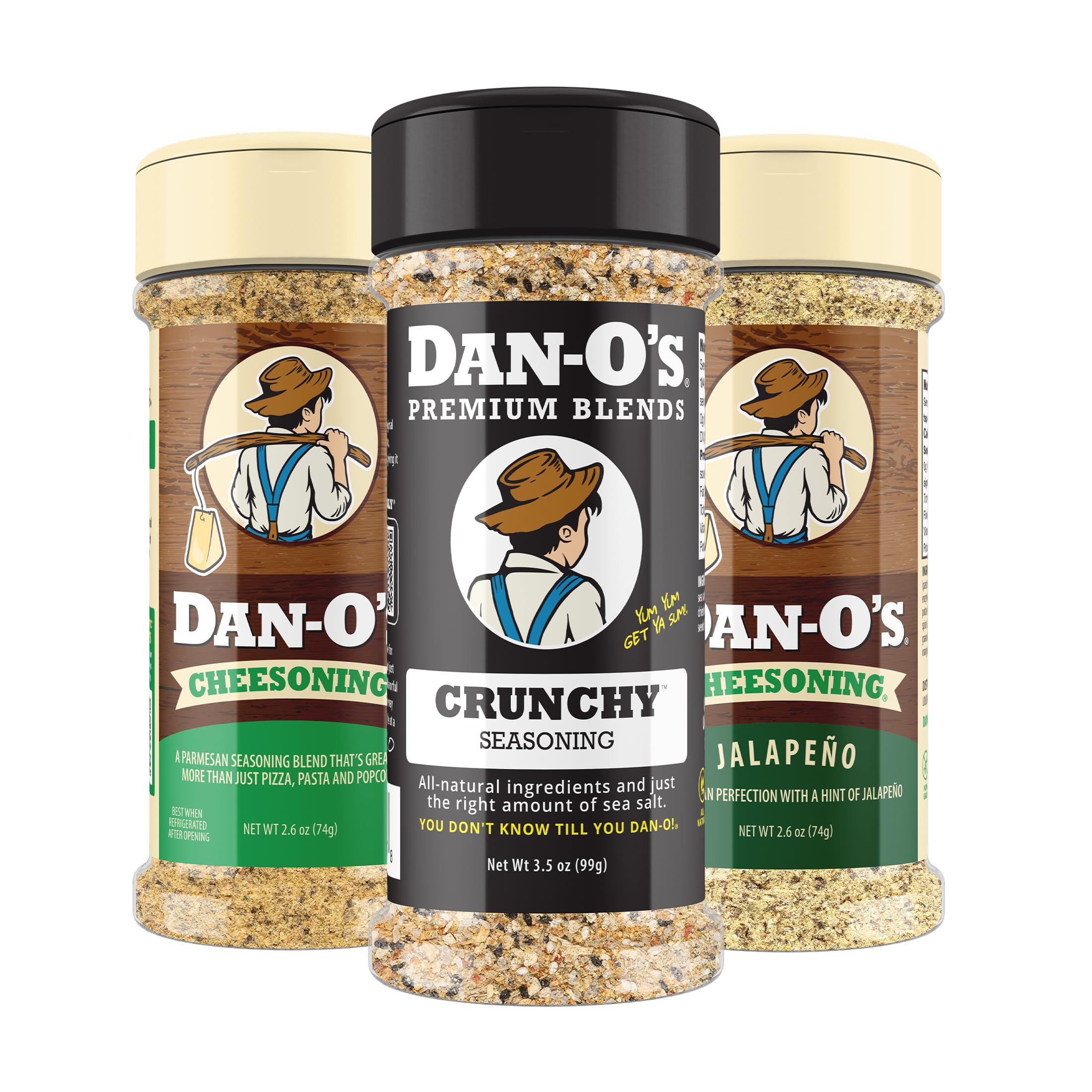 Dan-O's 3 Bottle Seasoning Set, Small Bottles, 3 Pack, Includes Crunchy, Cheesoning and Jalapeño Cheesoning Seasonings, Sugar Free, Zero Calorie, Use this Seasoning Kit in Snacks, Pasta or Sauce