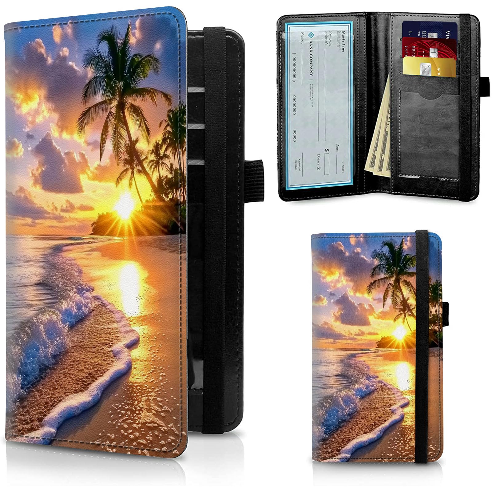 FUYOCWE Leather Checkbook Cover for Men Women Checkbook Covers Personal Checks Card Register Holder Wallet W/RFID Blocking &amp; Pen Holder-Beach Sunset