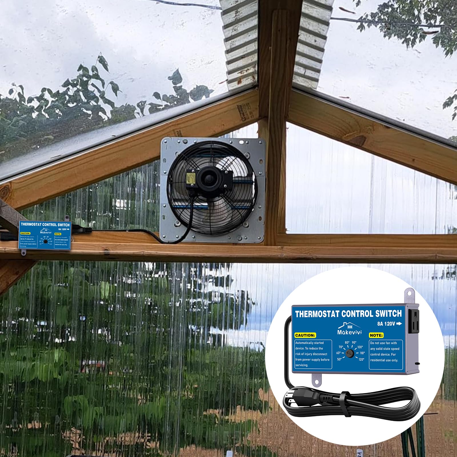Paquete de 2 controladores de termostato para ventilador de ático, interruptor de control de temperatura ajustable con enchufe, protector de sobrecarga y sobretensiones, termostato de ventilador de