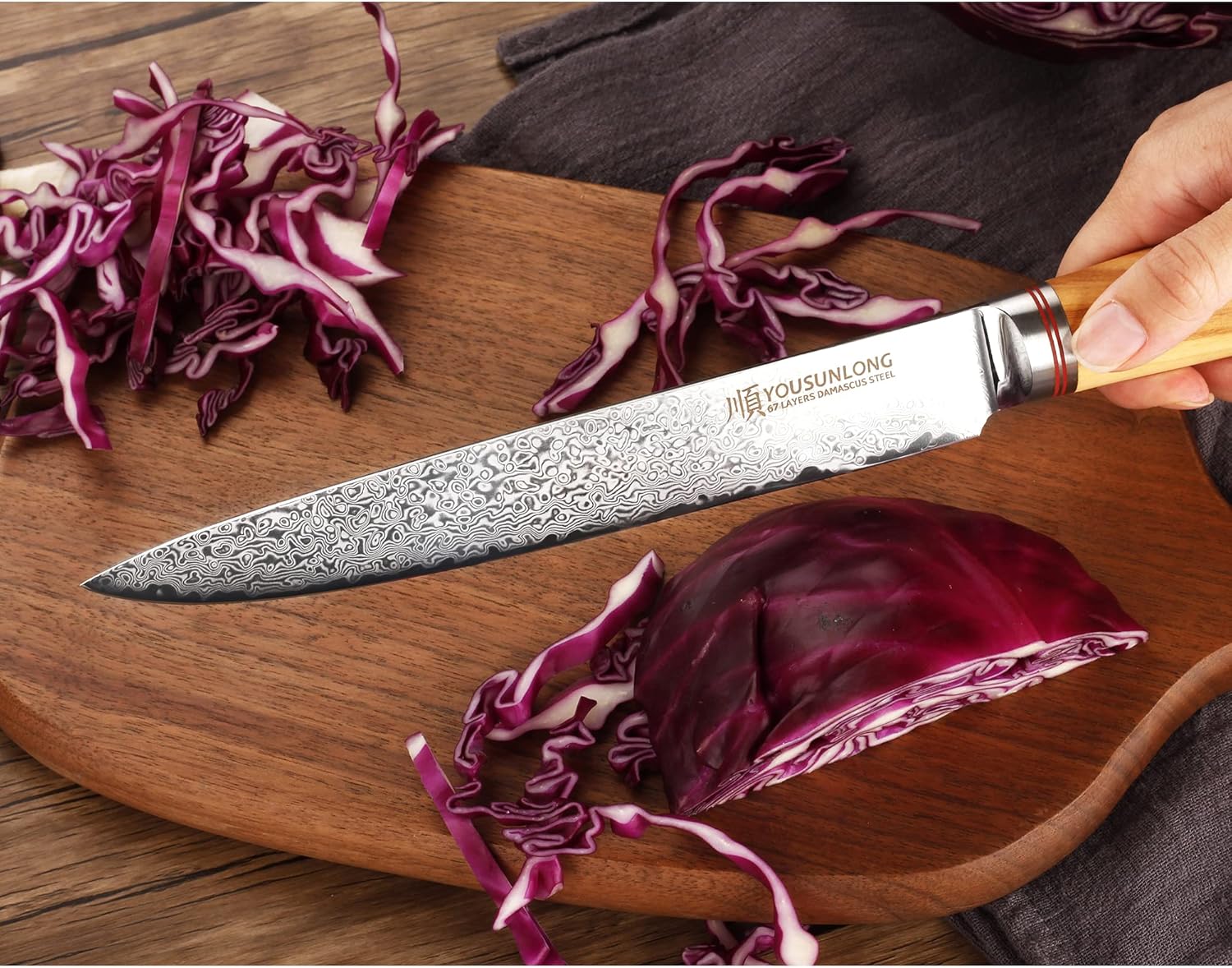 YOUSUNLONG Japanese Sushi Sashimi Knife Carving Knife 8 Inch（20.32cm） - 67 layer Damascus Steel - Italian olive wood with Leather Sheath