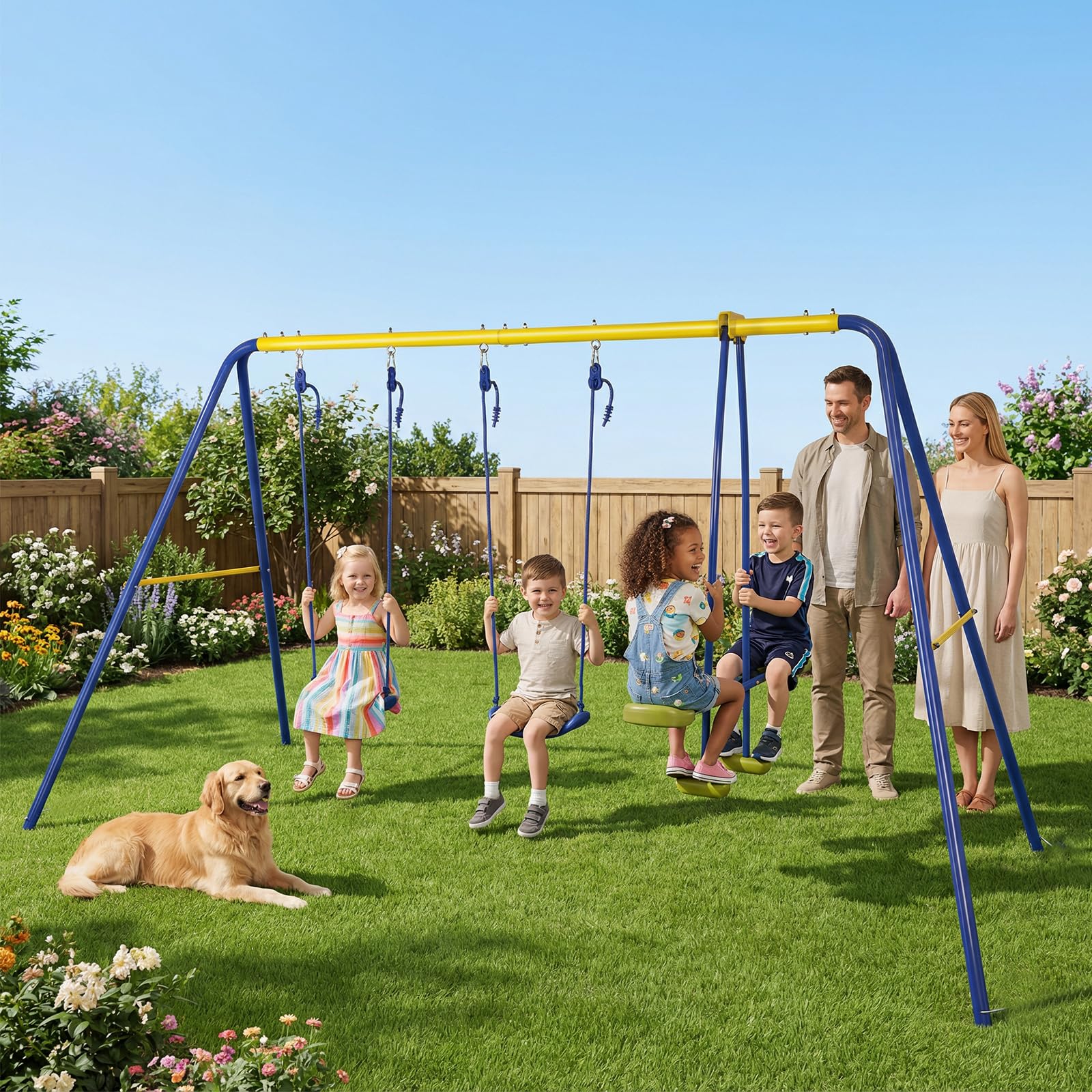 HLC Balançoire Jardin 3 en 1 - Multifonction avec Portique Métallique, avec 1 balançoire Face à Face et 2 sièges de balancelle, Charge maximale 250KG, Dimensions 322cm x 140cm x 180cm.