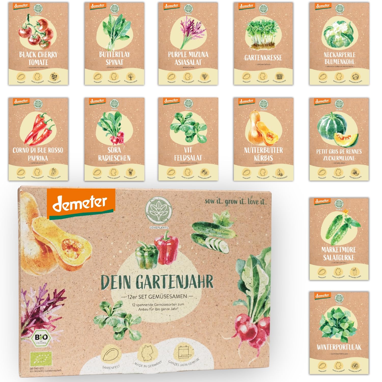 BIO Gartenjahr Gemse Samen Set - 12 Sorten Demeter Gemse Saatgut fr das  ganze Jahr | Seltene u. alte Gemsesamen allesamt samenfest | Fr Balkon,  Hochbeet, Garten & als Geschenk | Loveplants : Amazon.de: Garten