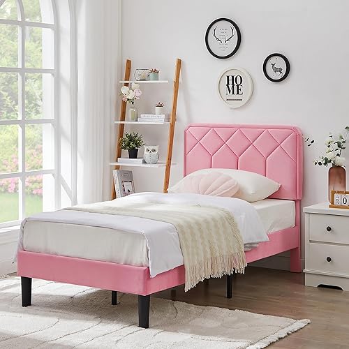 Miniatura 75 de VECELO Base de cama de tamaño matrimonial con plataforma tapizada de terciopelo de alta calidad con cabecera ajustable en altura / base de colchón,