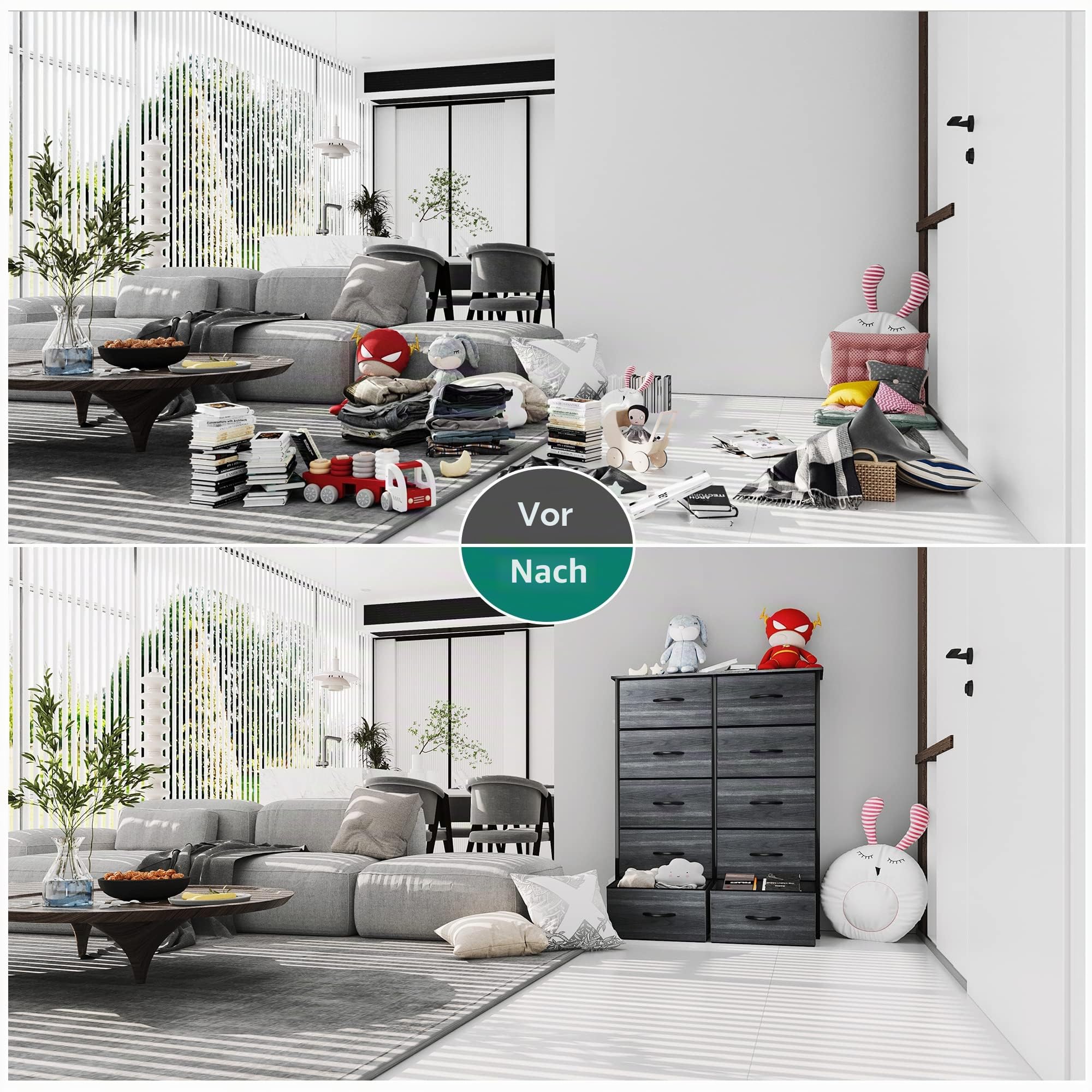 YITAHOME Kommode, Schrank, Aufbewahrungsschrank, 10 Schubladen aus Stoff mit Griffen, Aufbewahrungskommode, Metallrahmen,Schwarze Holzmaserung