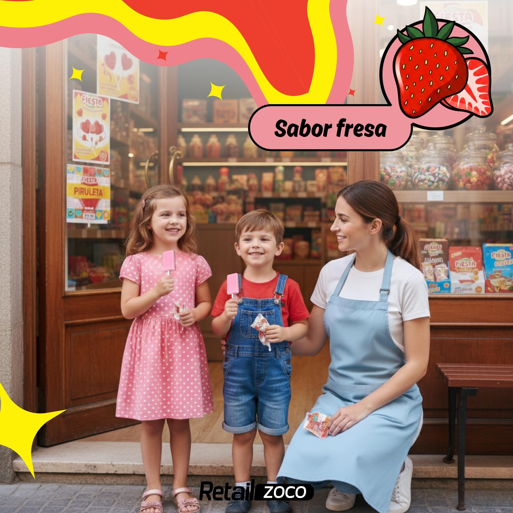 Lolipop sabor fresa, Caramelo Masticable con Palo, Apto para veganos, sin gluten, sin huevo y sin lactosa es completamente apto para celíacos, Contiene 1 caja con 200 unidades