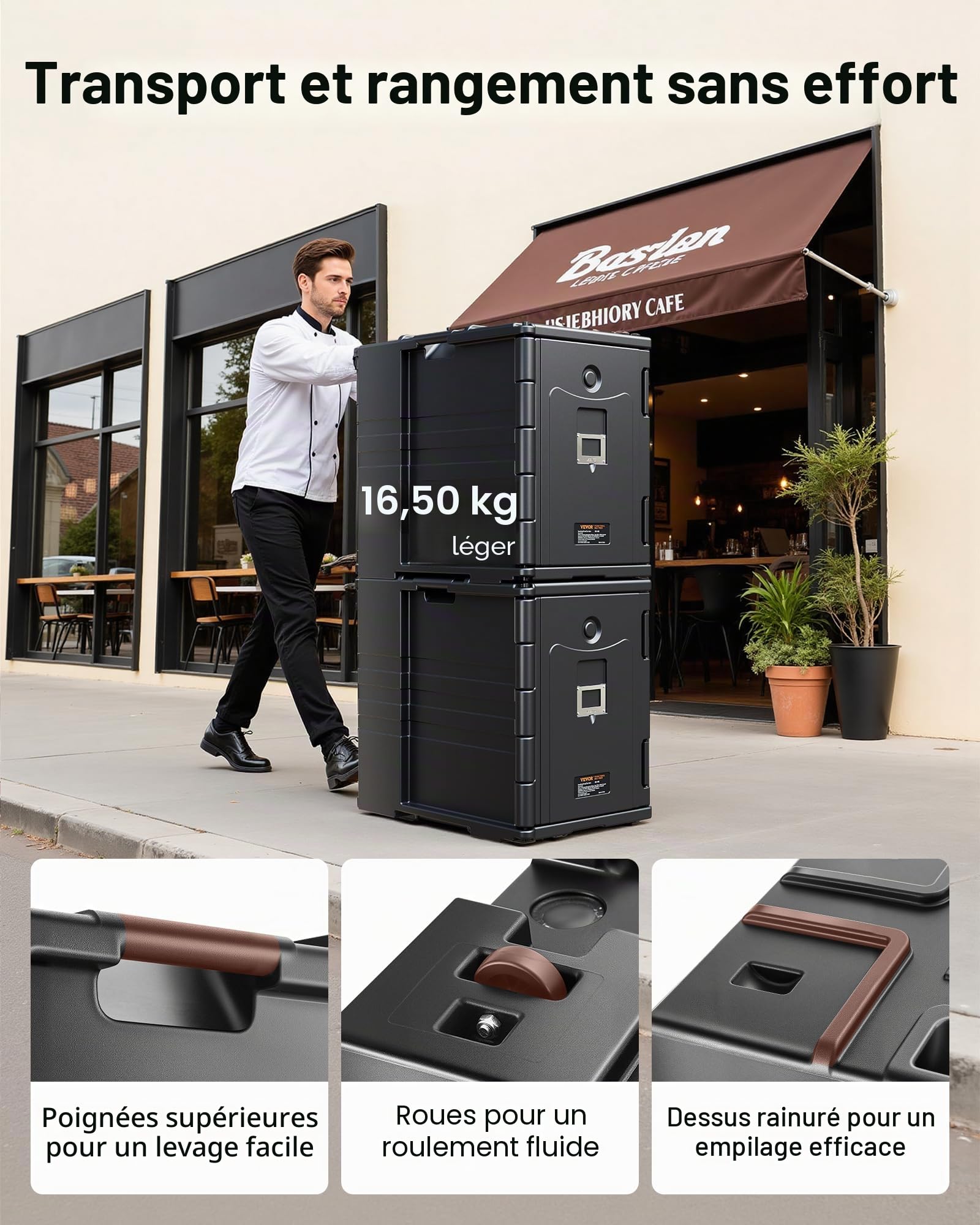 VEVOR Conteneur Isotherme 90 L, Boîte de Transport en LLDPE à Chargement Frontal, avec Poignées et Double Boucles, pour Garder au Chaud ou Froid Traiteur Restauration Restaurant Cantine 445x645x610 mm