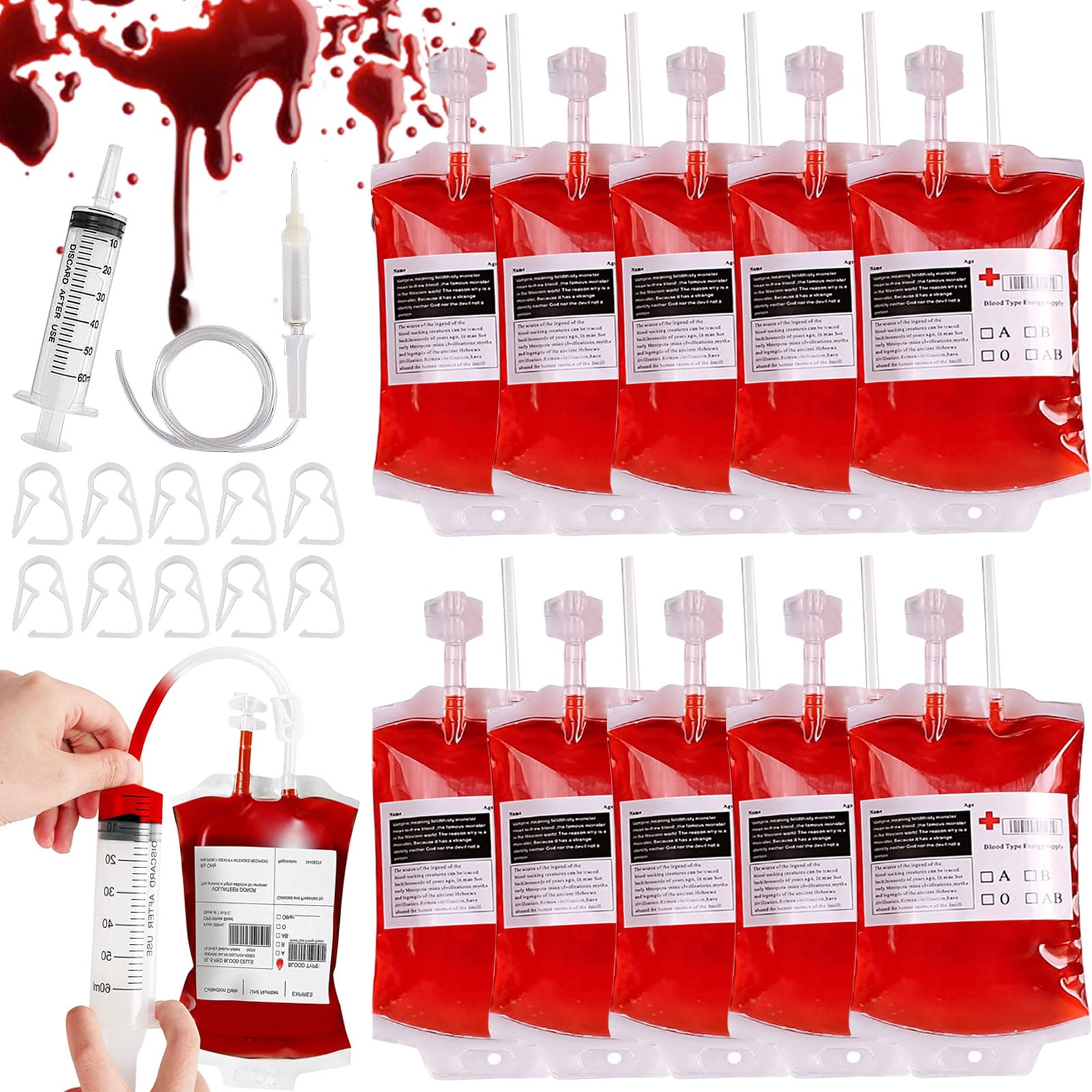 Vasos de Halloween, 10 bolsas de sangre de Halloween, bolsas de sangre de 350 ml para rellenar, bolsa de sangre para beber con jeringa de tipo de sangre, pegatinas decorativas de Halloween, bolsa de