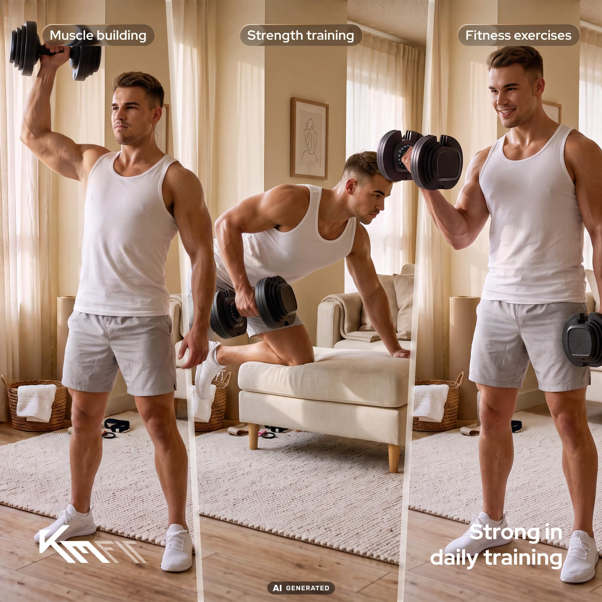 KM-Fit Regulowany hantel 25 kg pojedynczy, 18 poziomów, siłownia domowa | 2,5–25 kg z regulacją jedną ręką, systemem Stop-Lock, ciężarami z żeliwa i bazą
