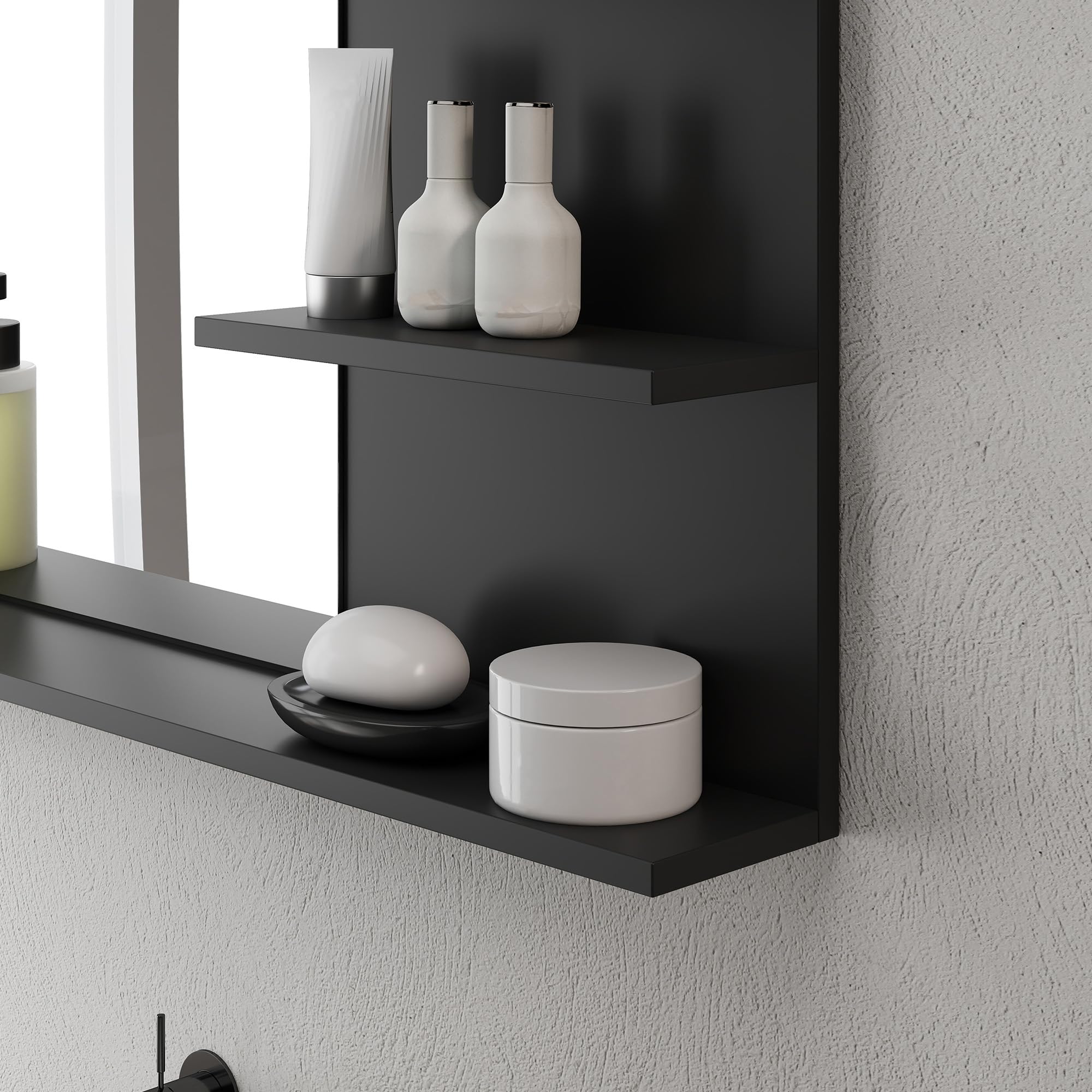 kleankin Miroir de Salle de Bain Moderne avec 2 étagères latérales et Une étagère inférieure, Miroir Mural en MDF et Verre, 75x10x48 cm, Noir