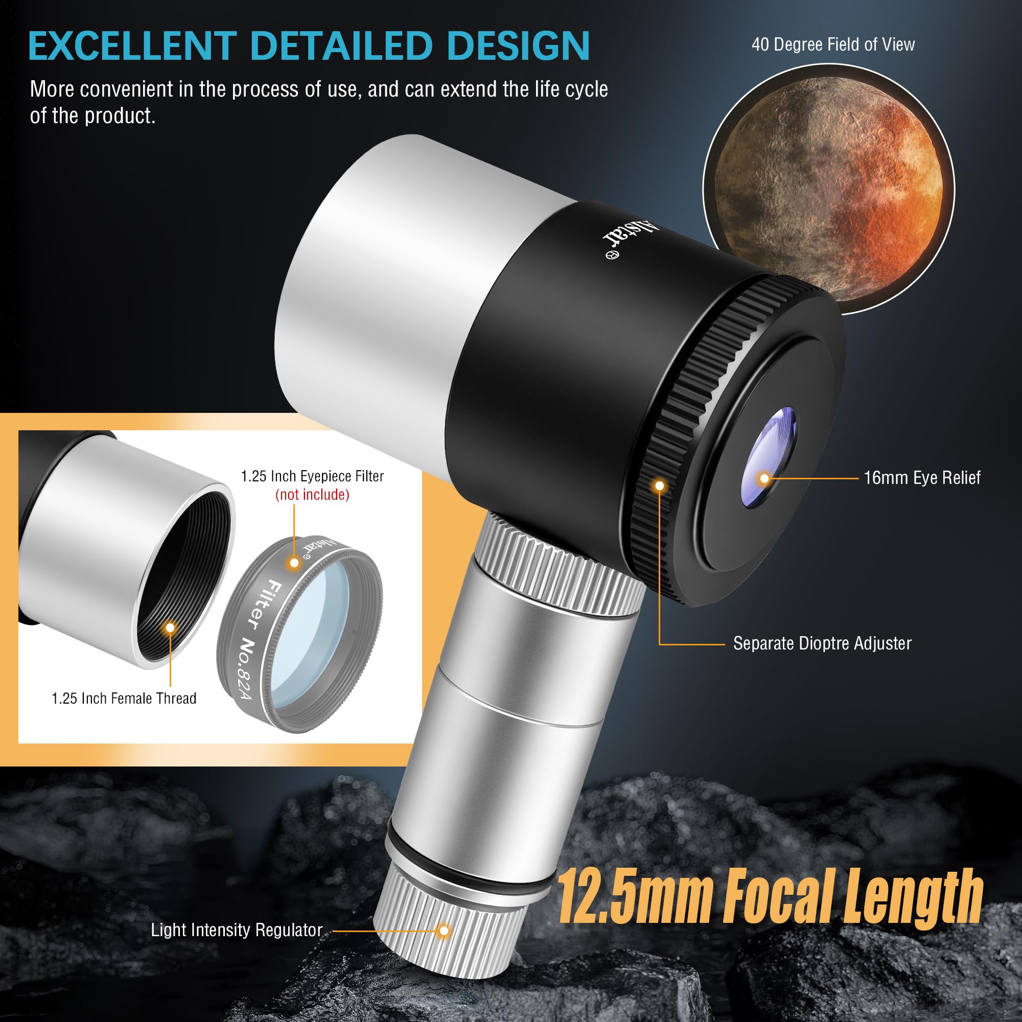 Alstar Ocular telescópico Plossl iluminado de retícula de 12,5 mm, para astrofotos perfectamente guiadas