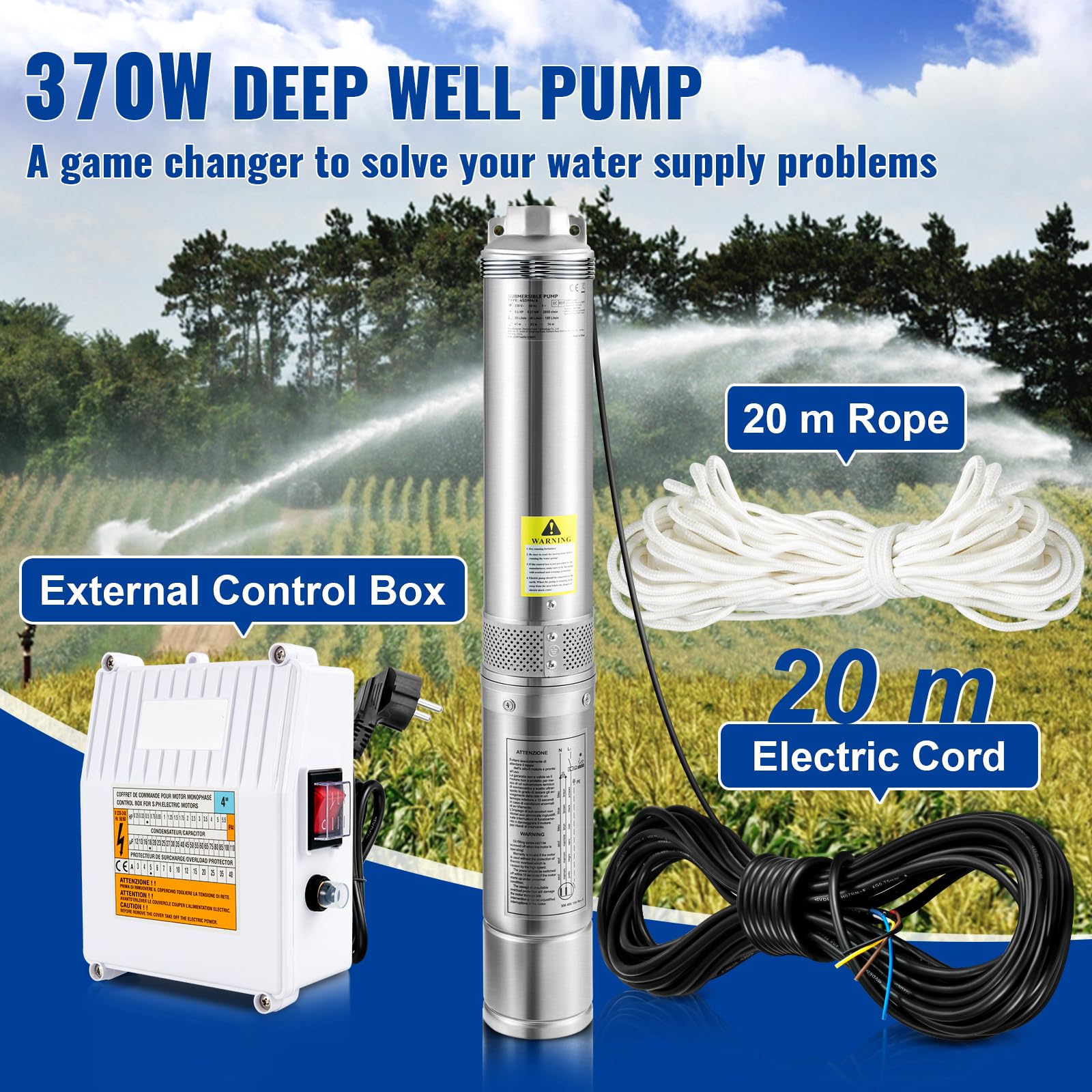 VEVOR Pompa Sommersa per Pozzo 370W Flusso 110L/min per Piscina Giardino Orto in Acciaio Inox, Pompa Sommersa per Pozzi Profondi 230V Prevalenza Max. 44m con Scatola Controllo Esterna