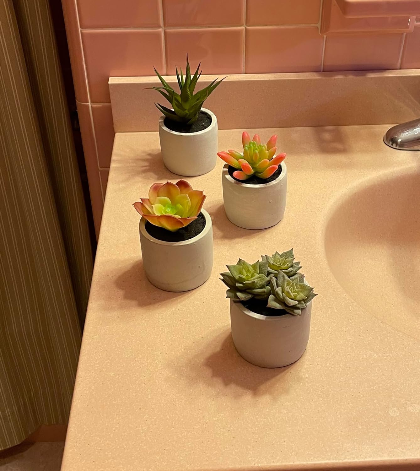 Worth Imports Fake Plant in 2.75” Diameter Cement Pot, Set of 4 for Kitchen, Bathroom, Livingroom, Bedroom, Office, Desk, Patio, Indoor Or Outdoor Artificial succulent, small, Grey/Green