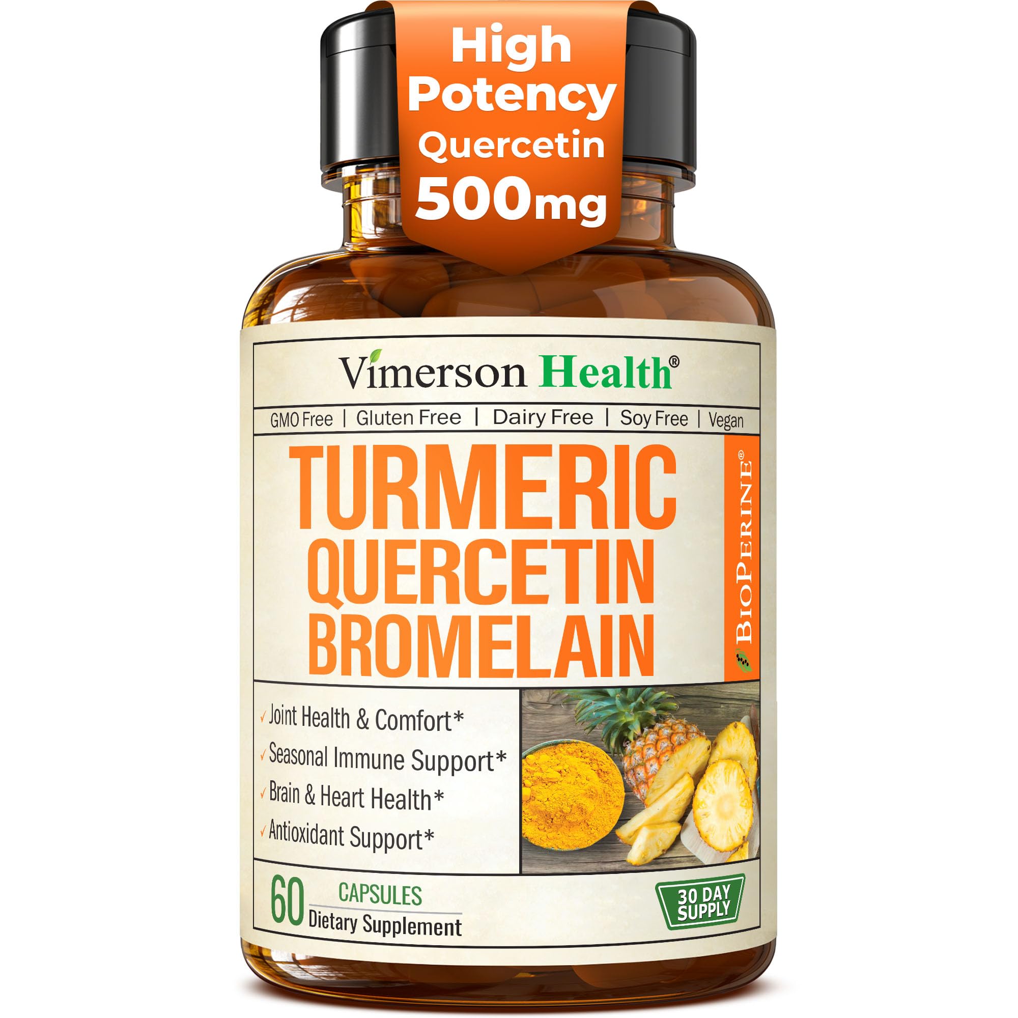 Quercetin with Bromelain Turmeric Curcumin Supplement – Allergy Relief, Joint & Immune Support – Organic Turmeric Supplement with Black Pepper (Bioperine) – 60 Quercetin 500mg Capsules