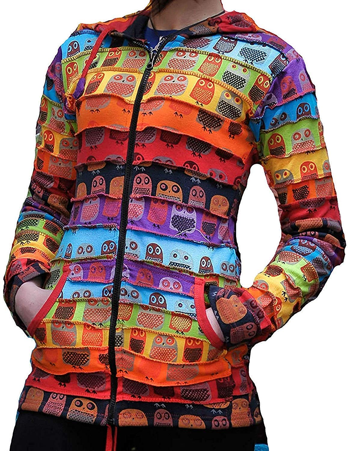 SHOPOHOLIC FASHION Women Owl Print Pixie Hooded Rainbow Striped Hippie Jacket, XXL