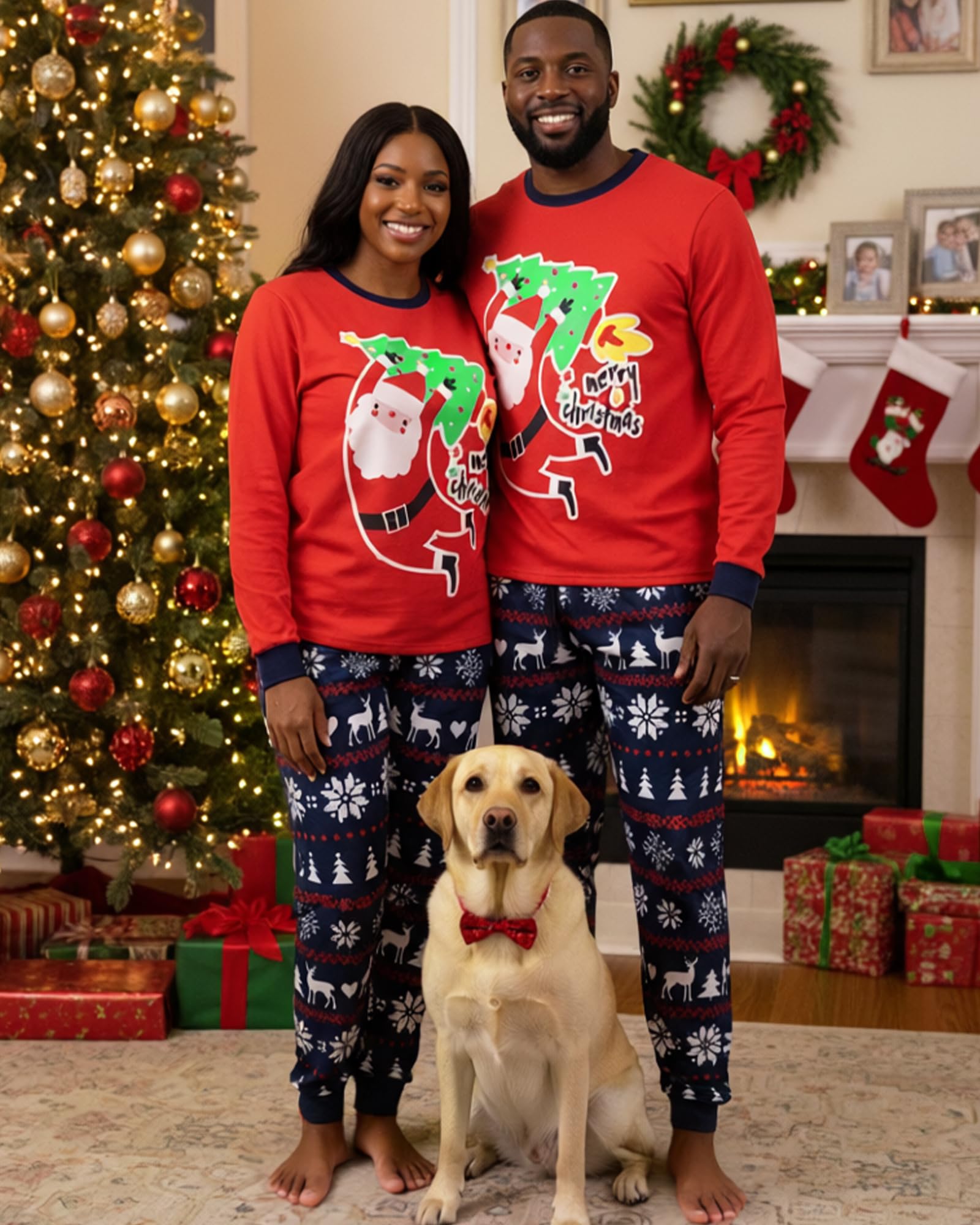Hotfiary Ensemble de pyjama de Noël assorti pour la famille avec imprimé Père Noël, haut à manches longues et bas de pyjama à carreaux, vêtements de nuit de Noël pour femmes, hommes, adultes, enfants