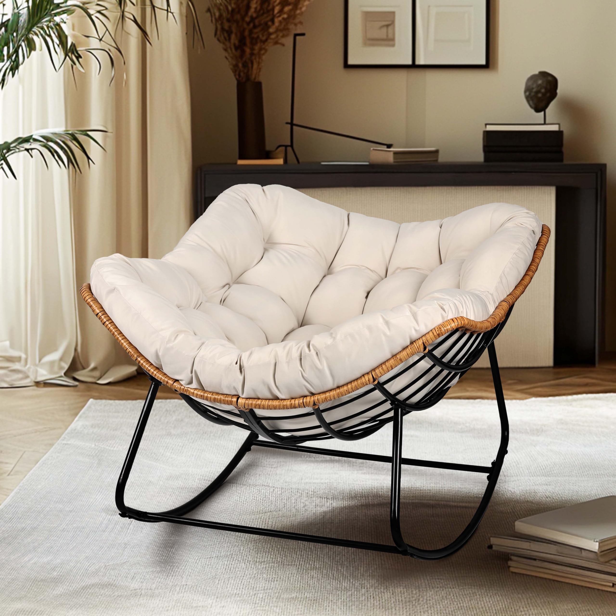 Egg-Shaped Outdoor Rocking Chair, Patio Rocking Chair with Thick Cushion, Modern Indoor Papasan Rocking Chair, Lounge Rocker for Balcony, Living Room, Bedroom, Porch, Lawn, Garden (Ivory)