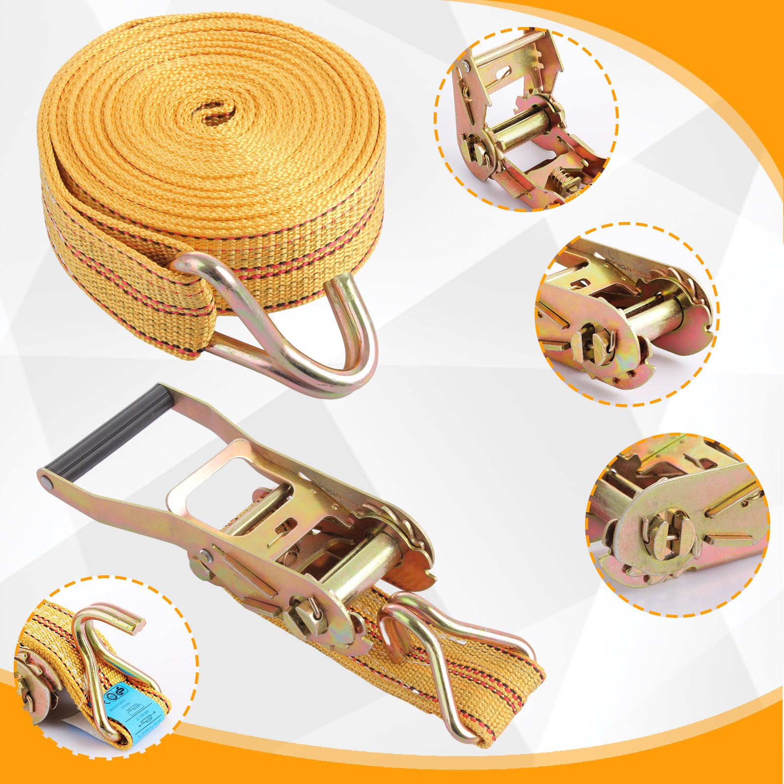 FWEEK 4 Sets Ratchet Tie Down Straps 5cm x 6m, 11000lb Break Strength, Heavy Duty Lashing Strap, Securing Straps with Handle and Metal J Hook for Trucks, Cars, Motorcycles Yellow - Image 3