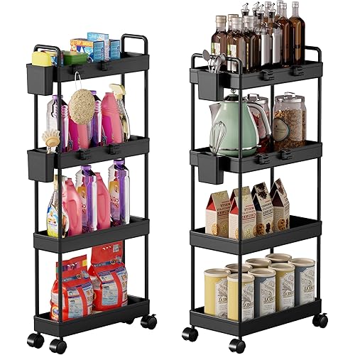 4 Tier Slim Storage Cart,2 Pack Slide Out Laundry Room Organization and Storage for Bathroom Kitchen Organizer Rolling Utility Cart with Wheels,Mobile Shelving Unit for Office Garage Narrow Space