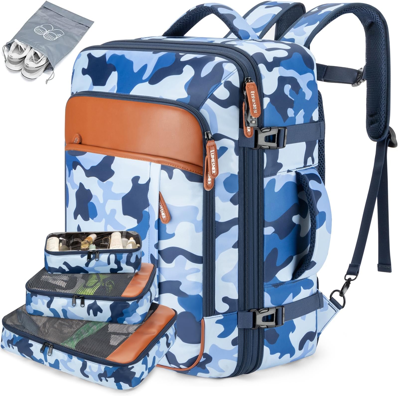 BAGPARKK Travel Backpack 42L Carry on Backpack Flight Approved Expandable Travel Backpack Carry on Backpack Luggage Daypack (Blue Camouflage)