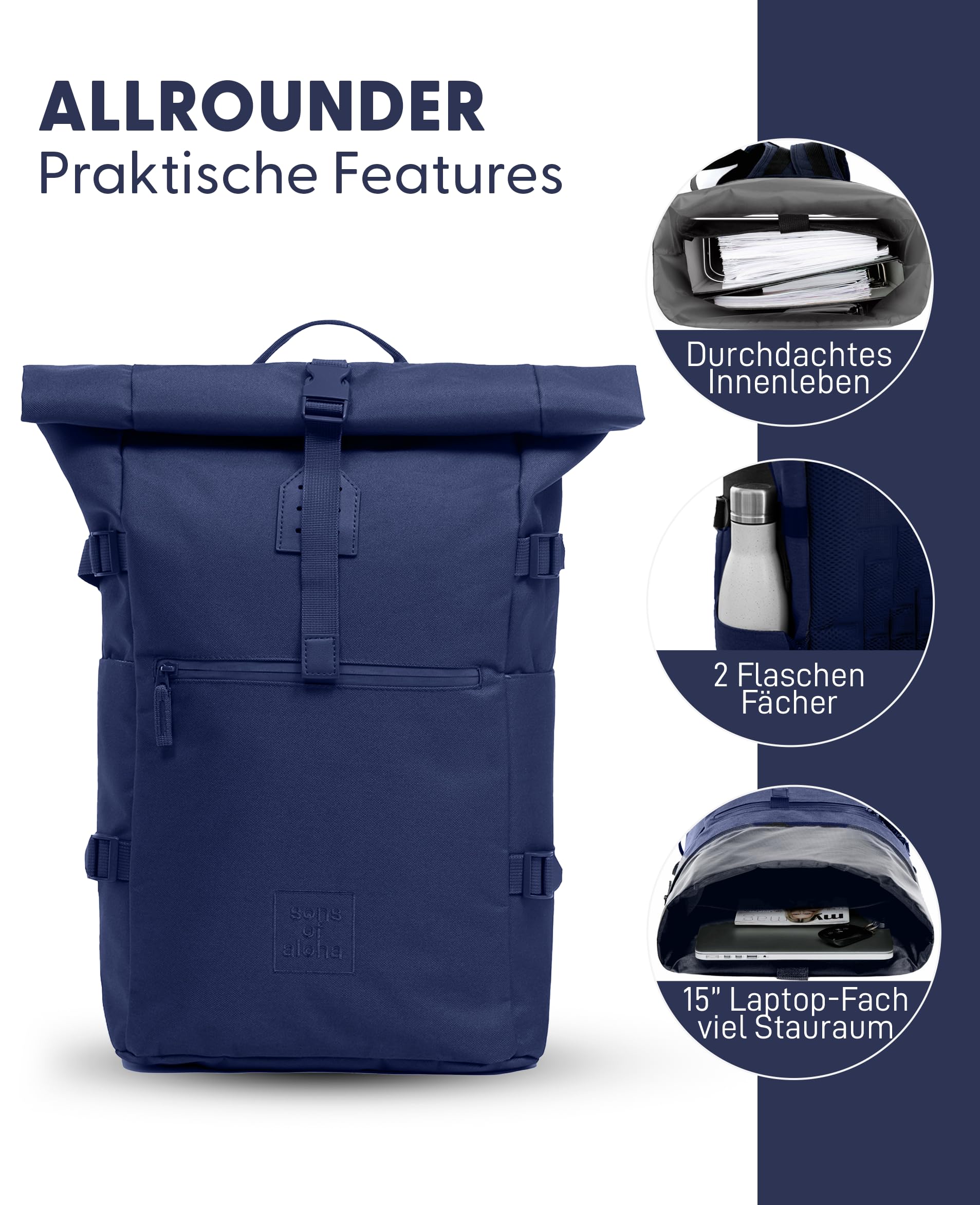Plecak Kane Roll-Top Duża torba kurierska XL - Recycled PET, Wodoodporny - Plecak turystyczny Przegroda na laptopa 15 cali, Granatowy, L, Plecak