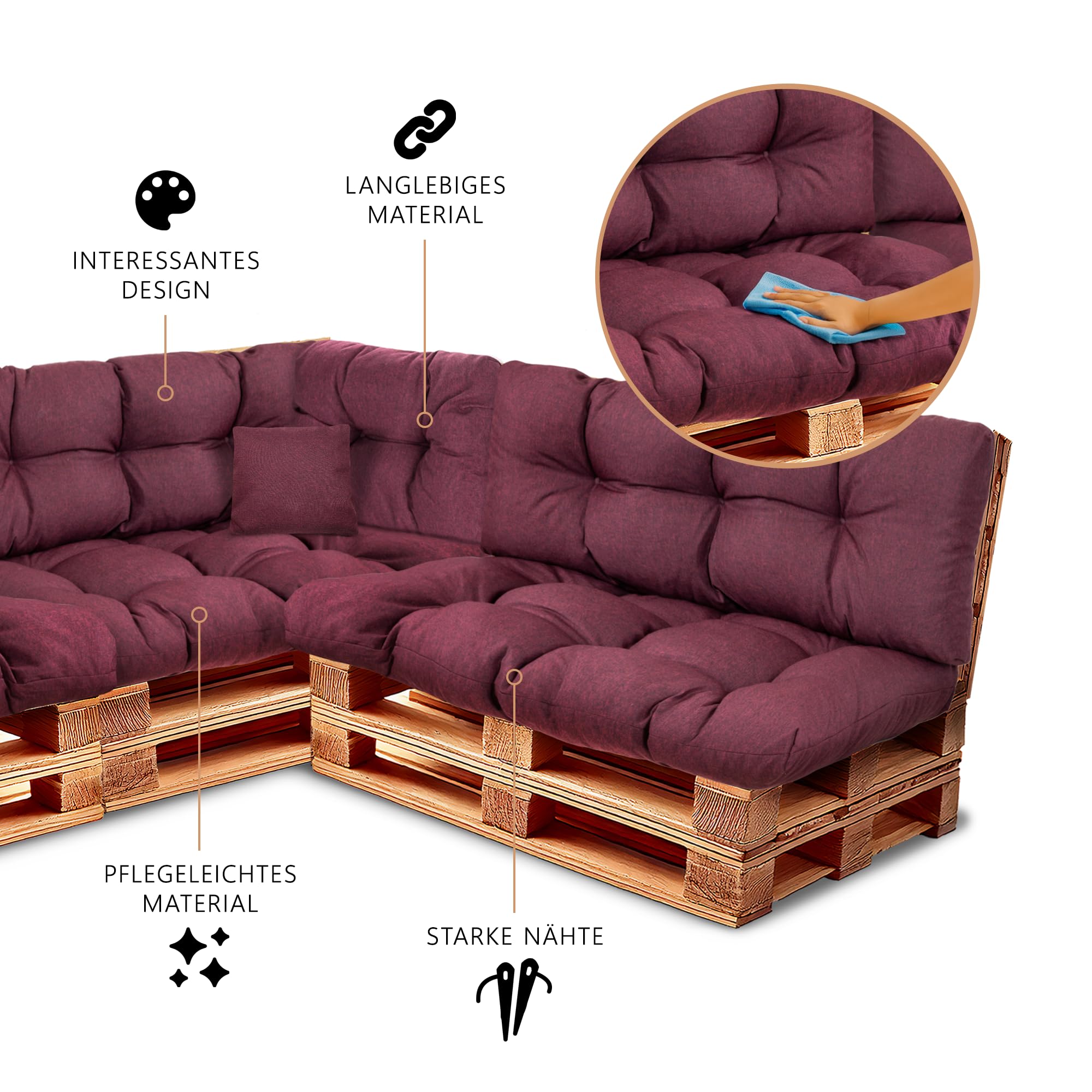 Palettenkissen Set – Sitzkissen für Europaletten – Palettenpolster, Gefüllt mit Granuliertem Poulirette-Schaum – Inkl. Sitzkissen 120x80 +Rückenlehne 120x40