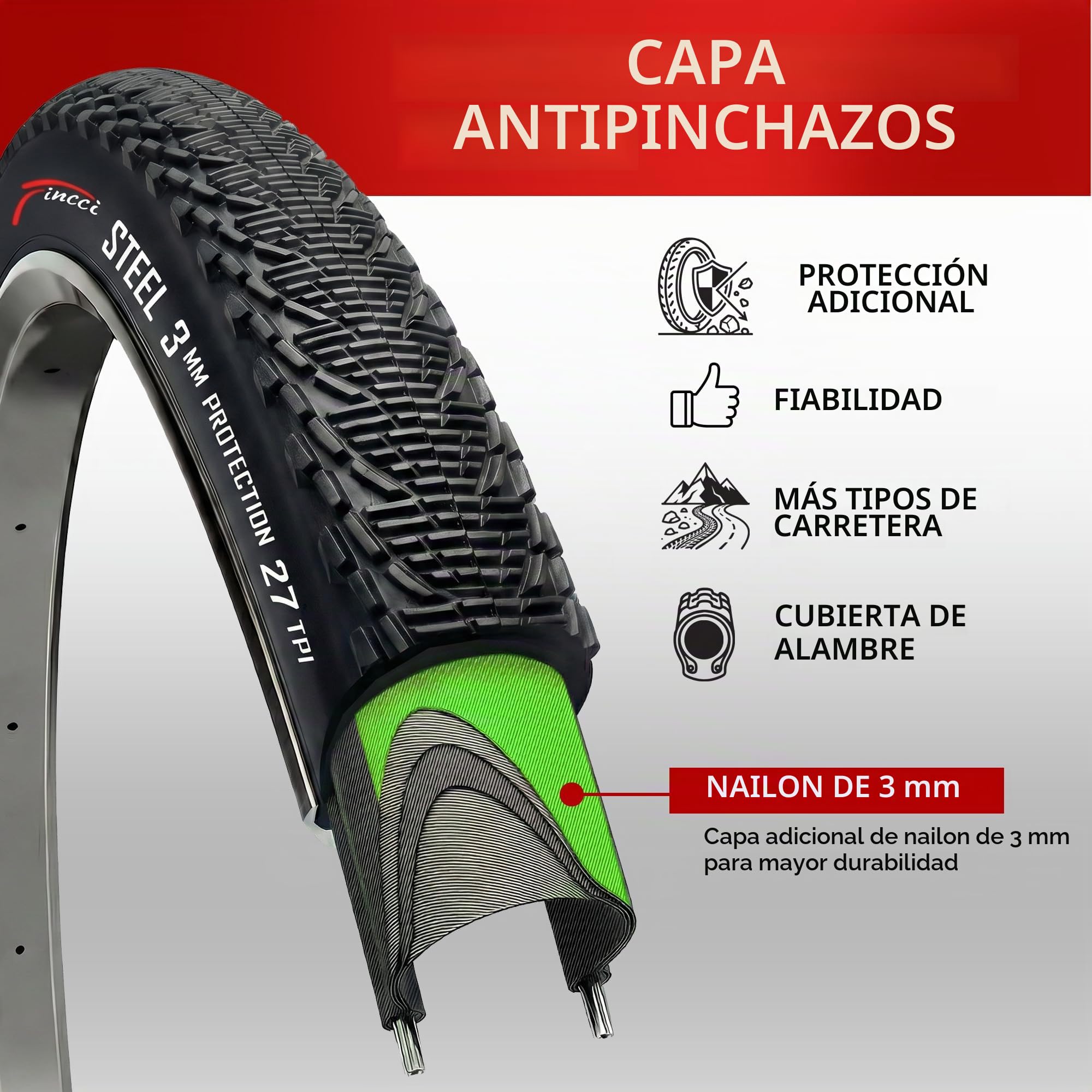 Fincci Cubierta Bicicleta 26x1.95 53-559 Plegable con Protección 3mm