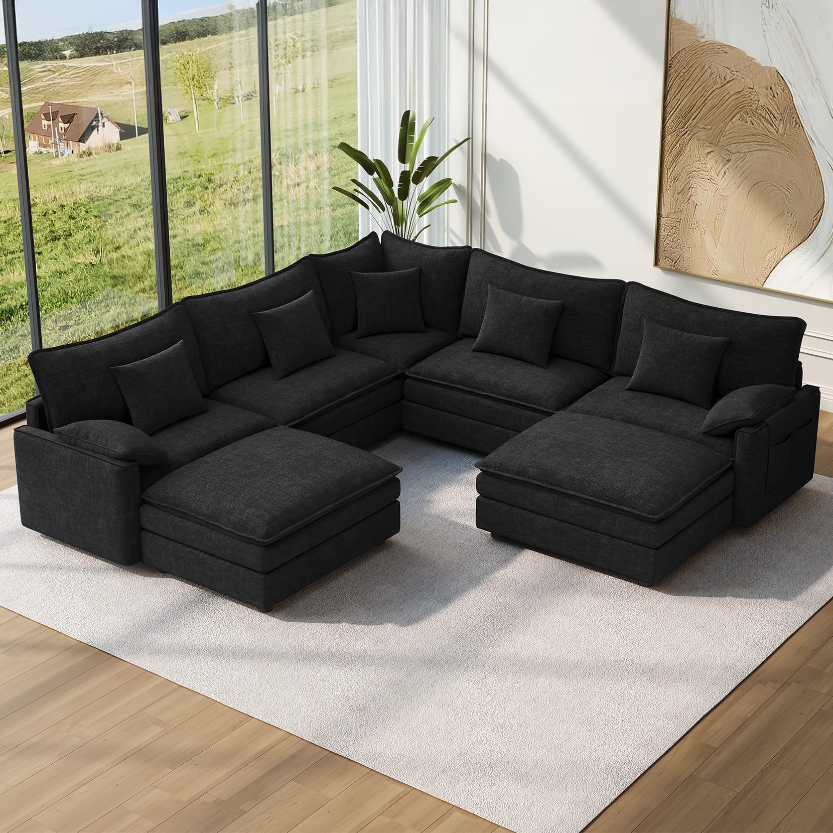 Vesgantti 101 inch V-Shaped Modular Sectional Couch in black chenille fabric