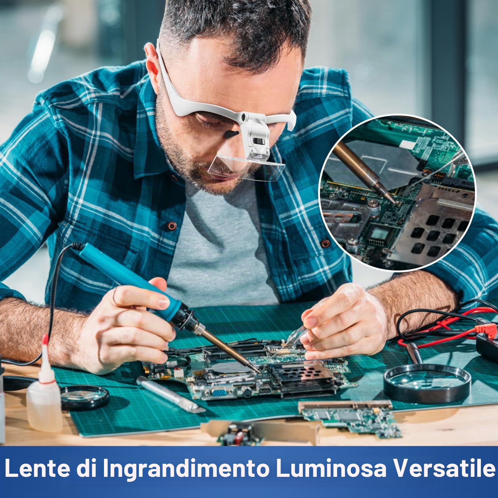 Vinabo Lente D'ingrandimento per Fascia con Luce LED,D'ingrandimento con - 5 Lenti Rimovibili (1.0X 1.5X 2.0X 2.5X 3.5X),per Tutti i Lavori di Precisione,Lettura, Gioielliere,Ricamo,Cucito,Gioielli