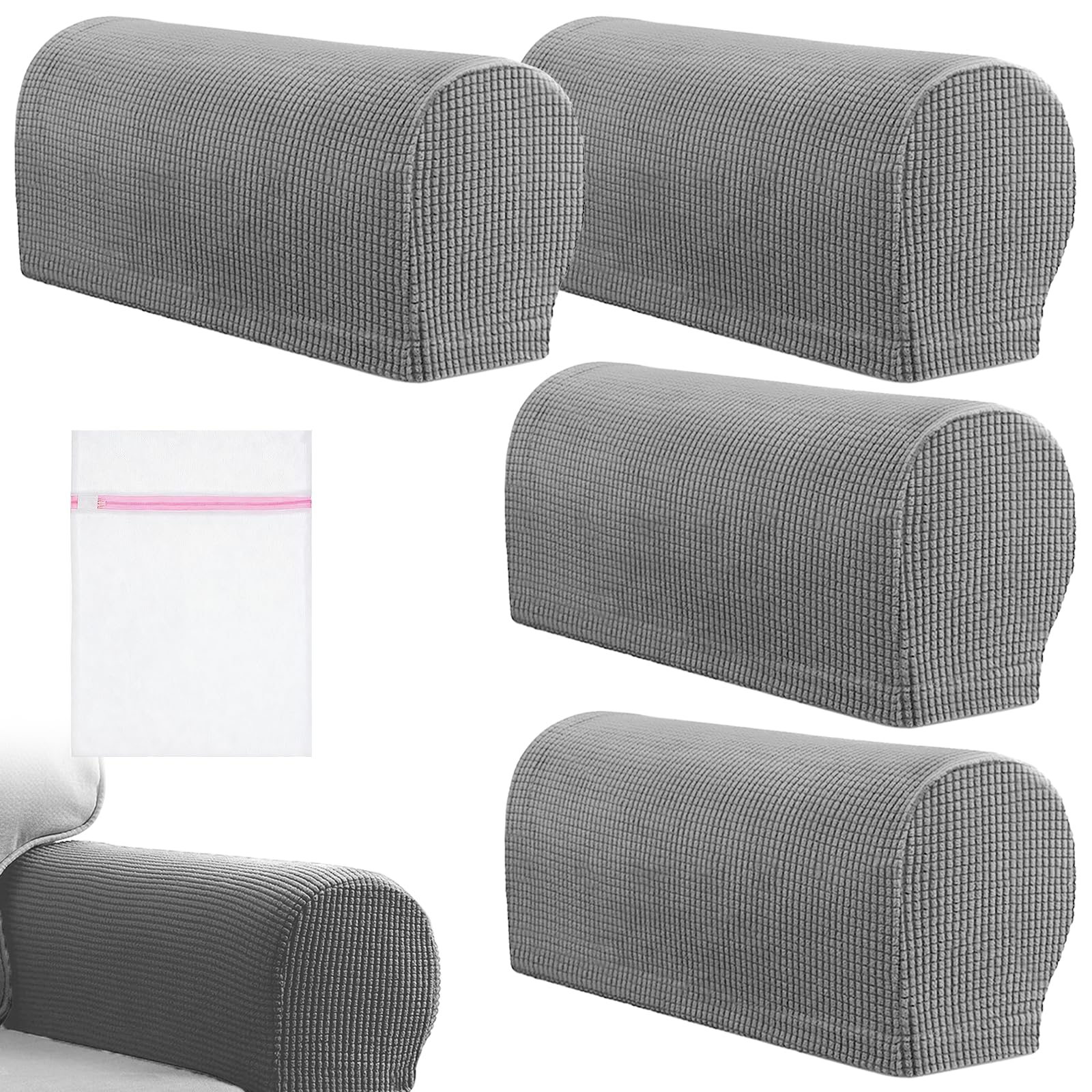 KASURE 4 Pcs Stretch Armrest Chair Covers, Machine Washable Anti-Slip Armchair Covers for Arms With Laundry Bag, for Sofas, Armchairs and Recliners (Grey)