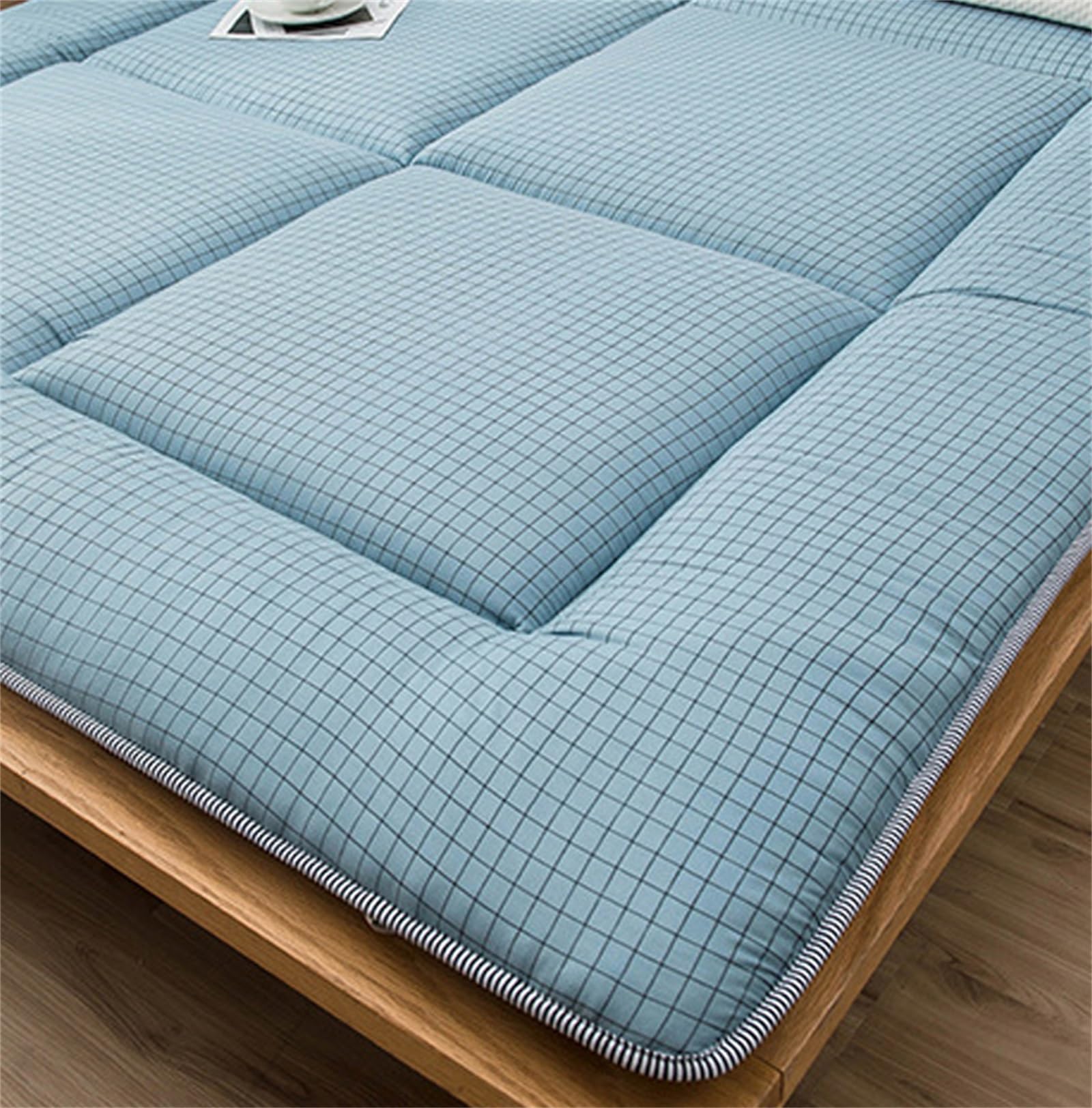 Materasso da pavimento giapponese a quadri, futon in cotone pieghevole e lavabile, spesso arrotolabile, tatami, letto per gli ospiti, comodo materasso da terra per salotto da campeggio (blu, 120 x 200