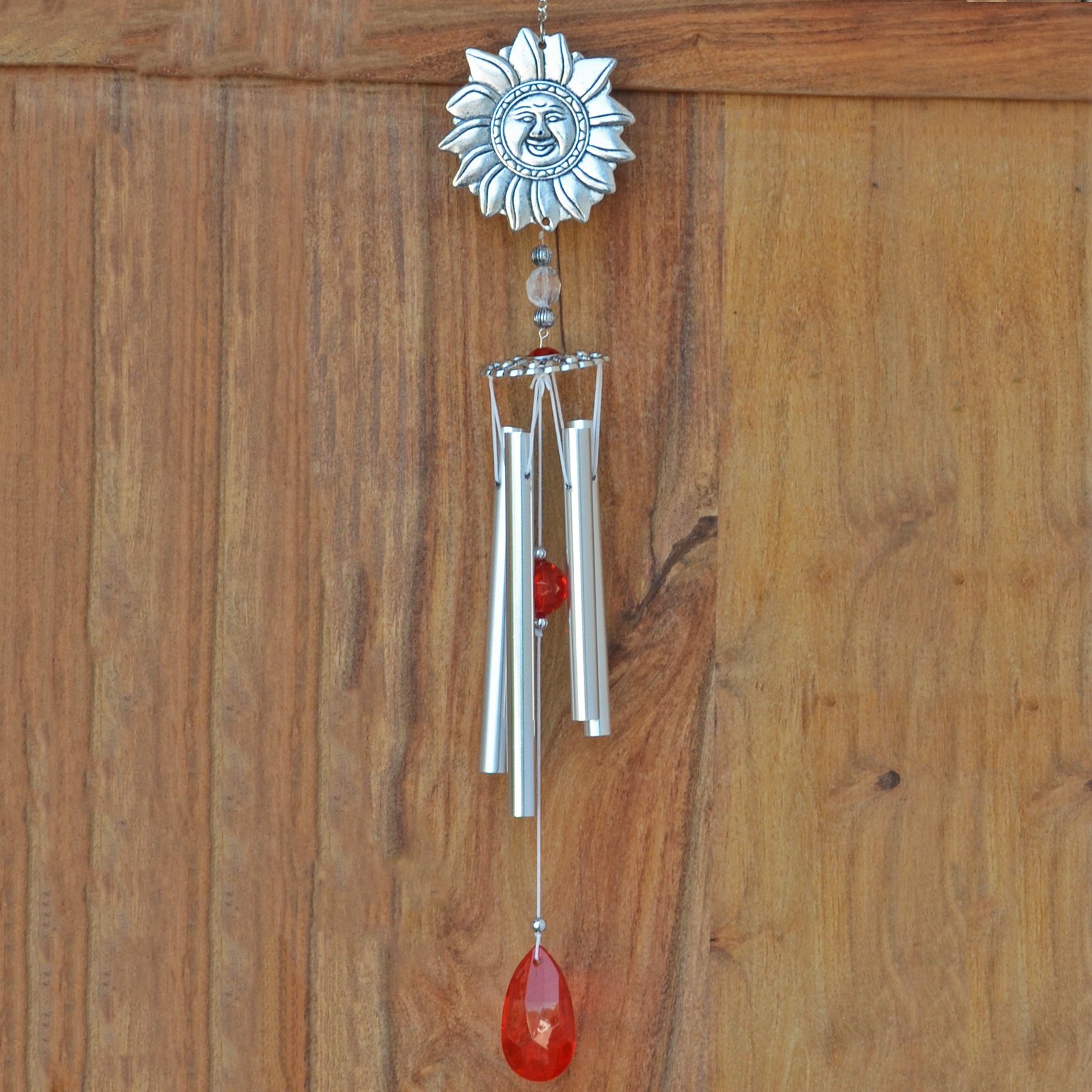 Fiesta Studios Sun Face Wind Chime Silver & Red Gem Hanging Decor Metal Suncatcher 17"