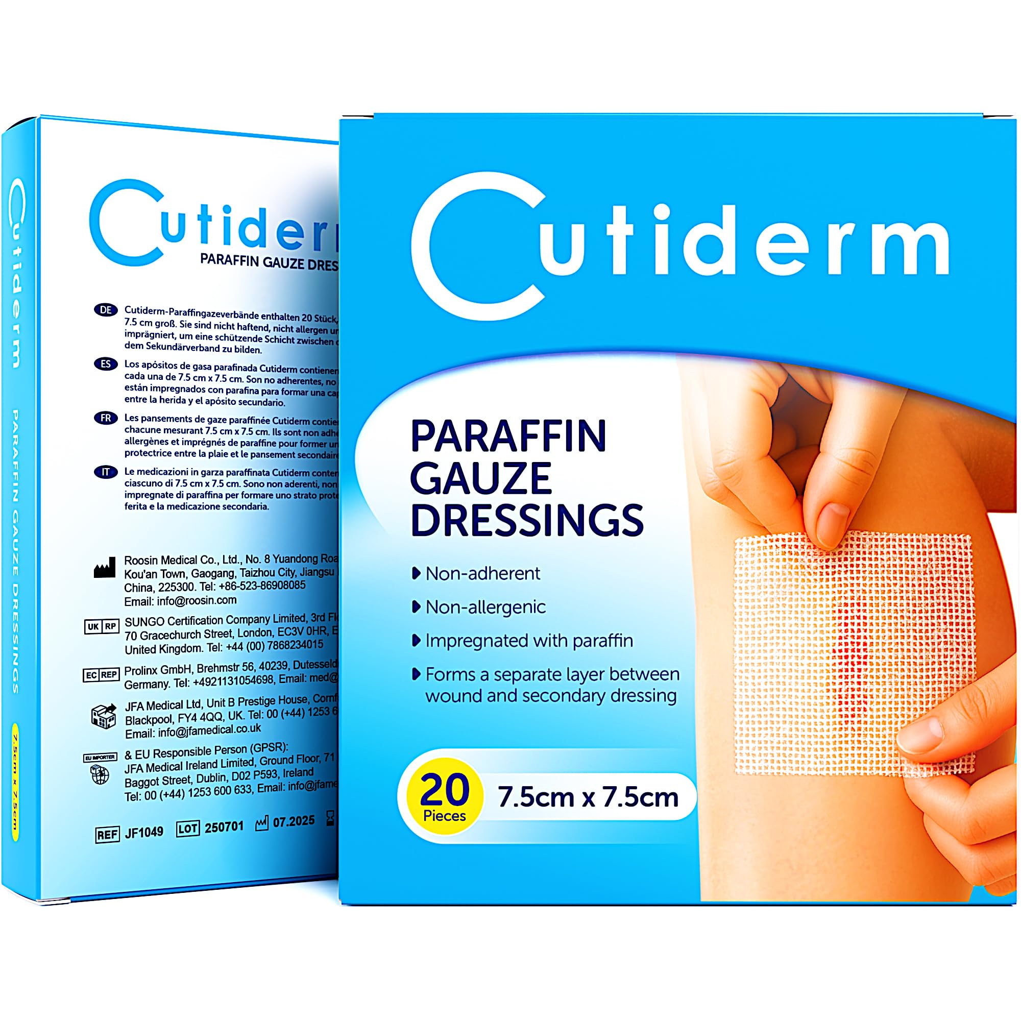 Cutiderm Sterile Paraffin Gauze Dressing 7.5cm x 7.5cm Pack of 20 - Suitable for Superficial and Partial Thickness Burns, Skin Loss Wounds, abrasions and Traumatic Injuries