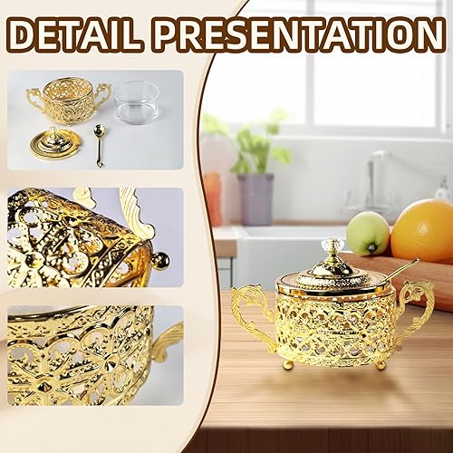Miniatura 4 de Flylin Azucarero, azucarero turco con tapa y cuchara para galletas de caramelo, miel, tarro de condimentos de vidrio vintage dorado para el hogar y