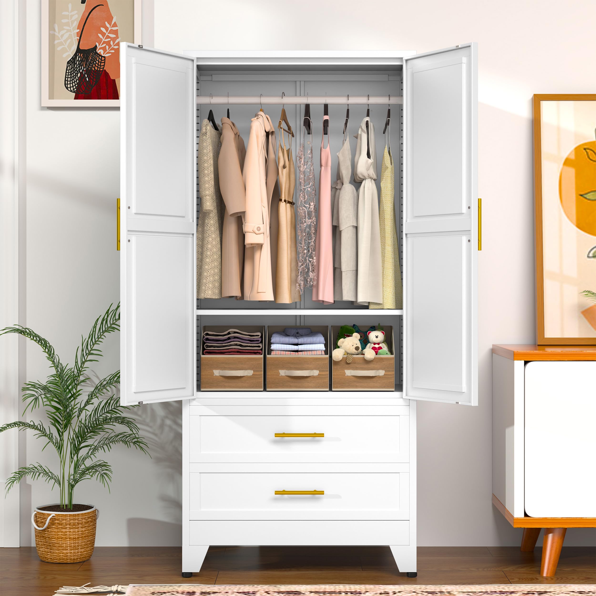 71" Steel Wardrobe Armoire with Two Doors and Drawers