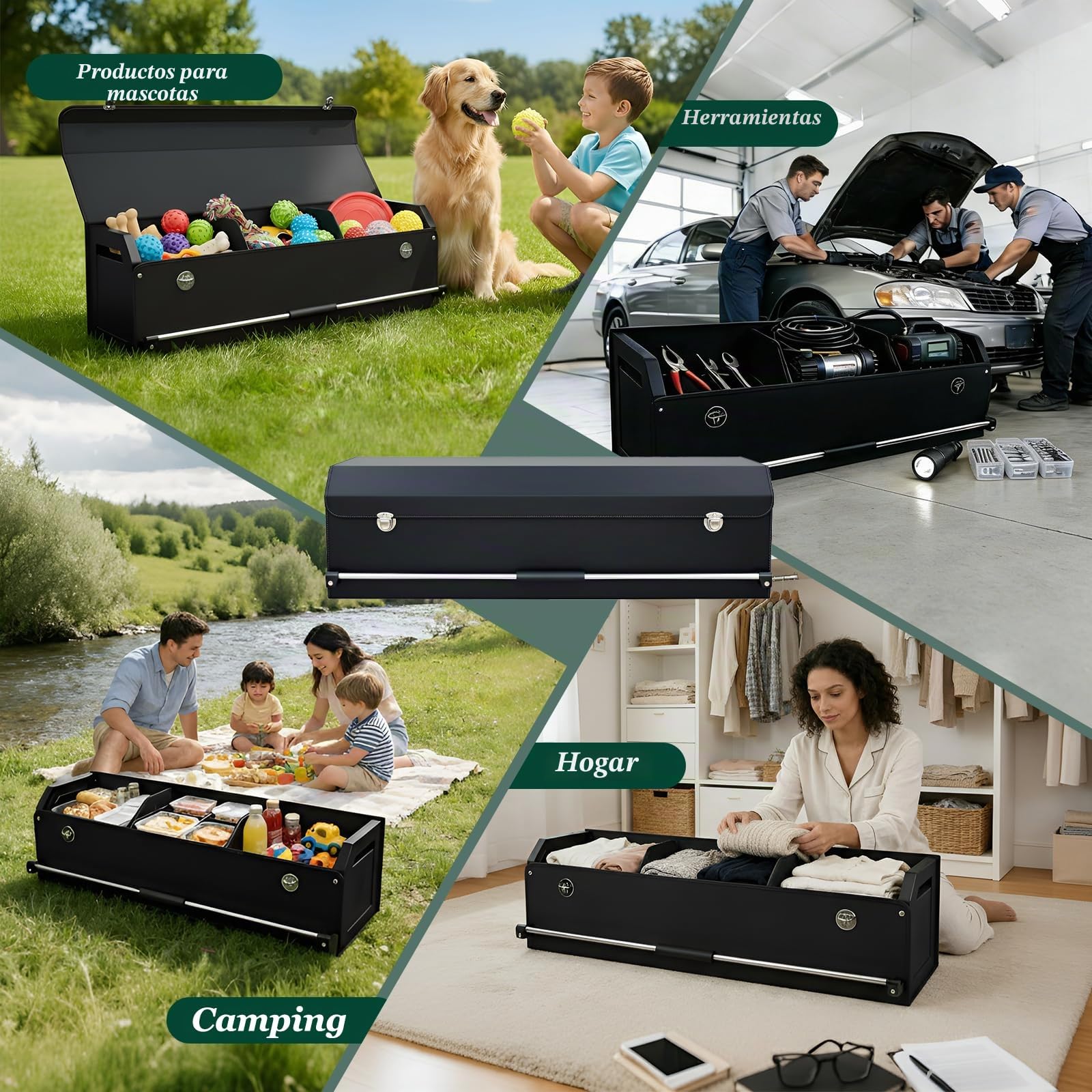 Organizador de Maletero con Tapa – Piel NAPPA Premium, Asa Deslizante Portátil & Caja de Almacenamiento Estable Universal para Coche y SUV (Negro, 103 x 29 x 31 cm)