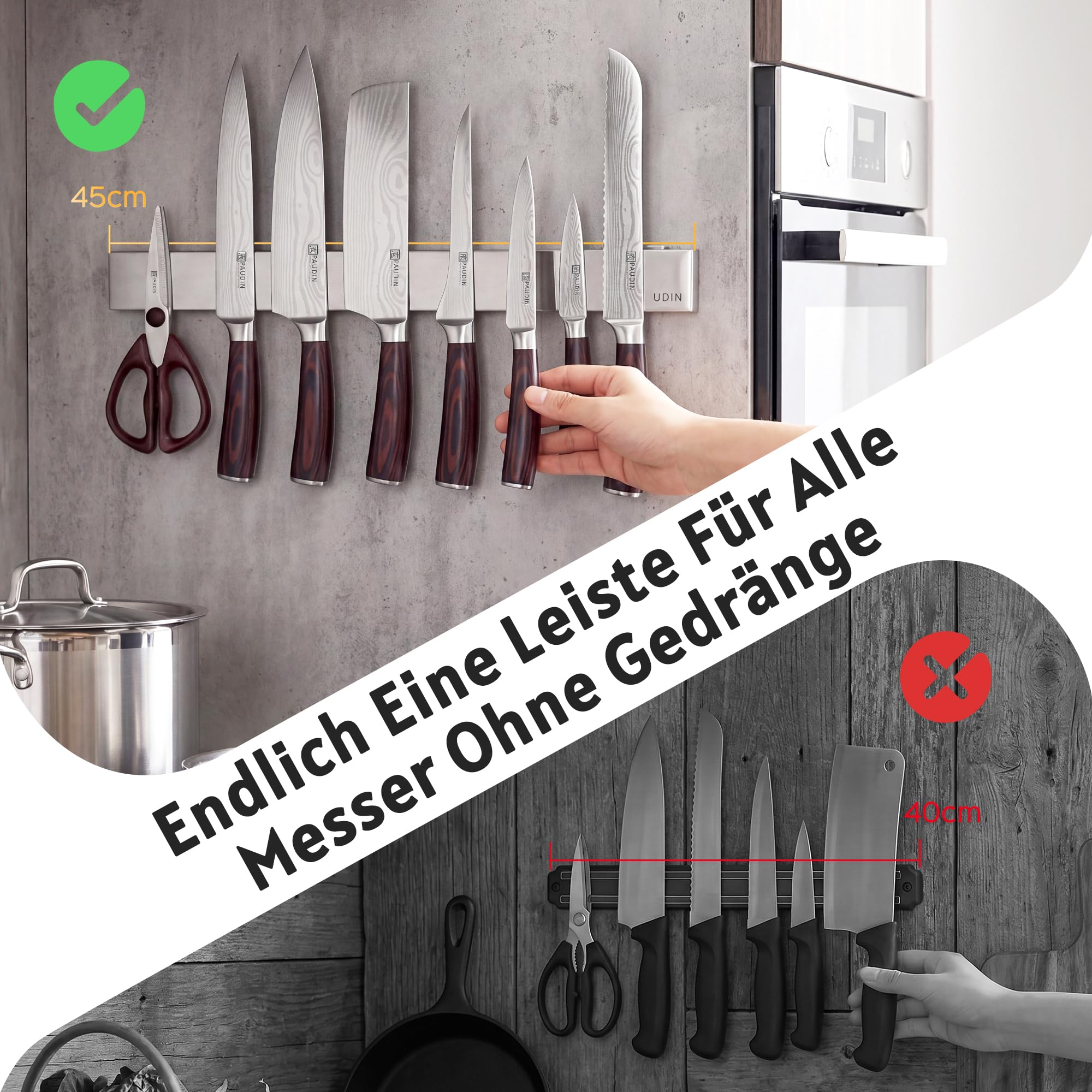 PAUDIN Magnetleiste Messer 45 cm Messerleiste magnetische Küchenmesserleiste aus Edelstahl mit extra starkem Magnet als Messerhalter für Wand Selbstklebend für Küchenutensilien oder Werkzeugen