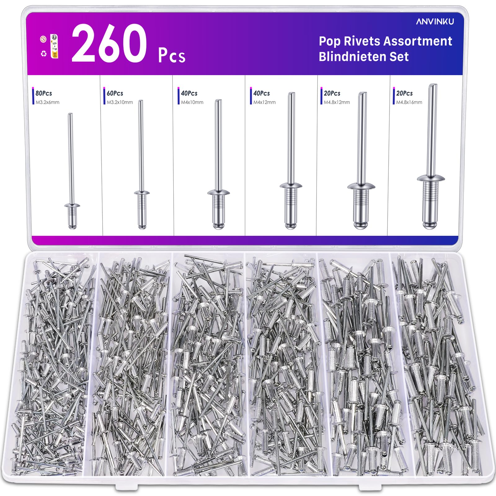ANVINKU 260PCS Pop Rivets Assortment, Aluminum Blind Rivet Set, M3.2/M4/M4.8 Rivets for Metal Furniture & Marine Construction