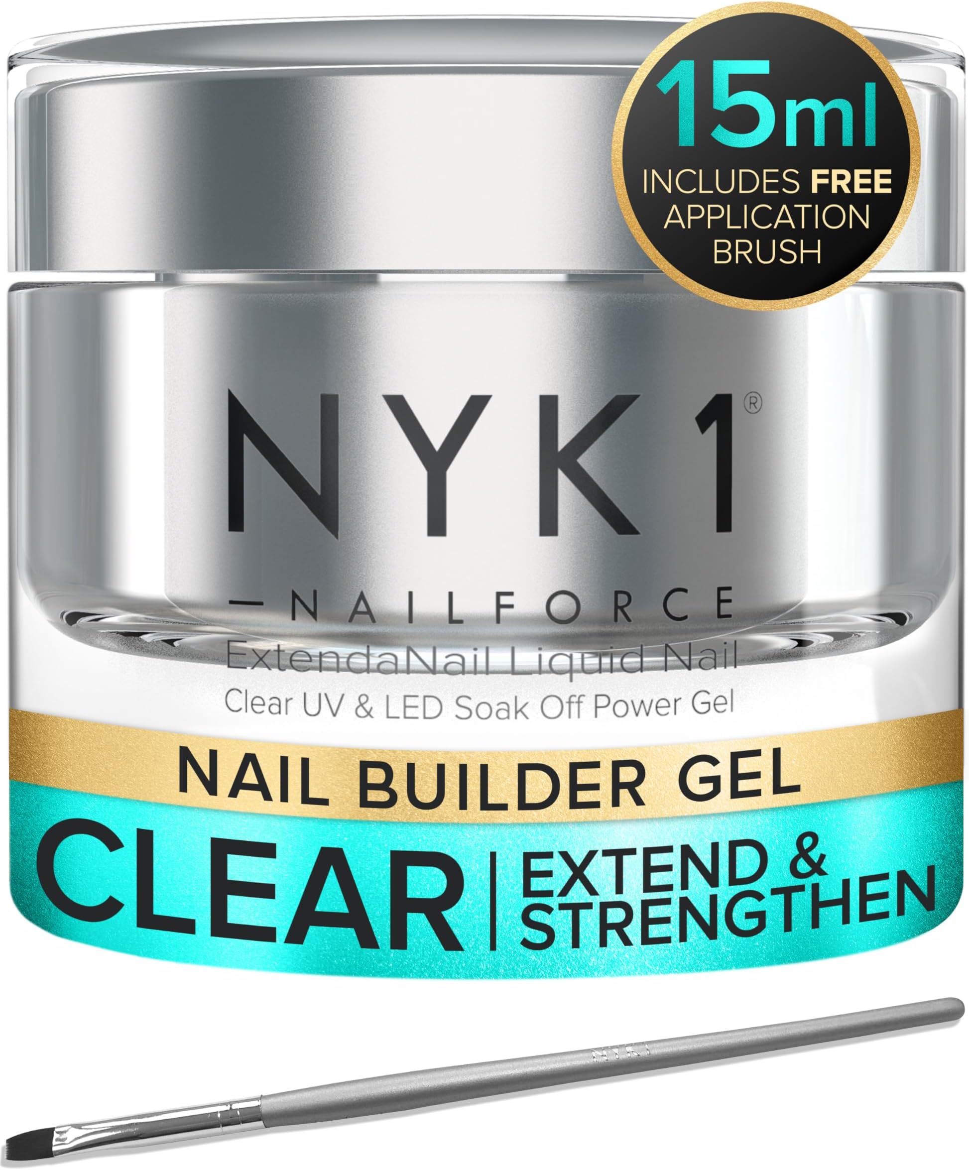 NYK1 Strengthening Clear Builder Gel For Nails (.5 Fl Oz / 15ml) NailForce Hard Gel For Nails Strengthener For Tips, Extensions & Repairs - UV & LED Sculpting Nail Builder With Free Application Brush