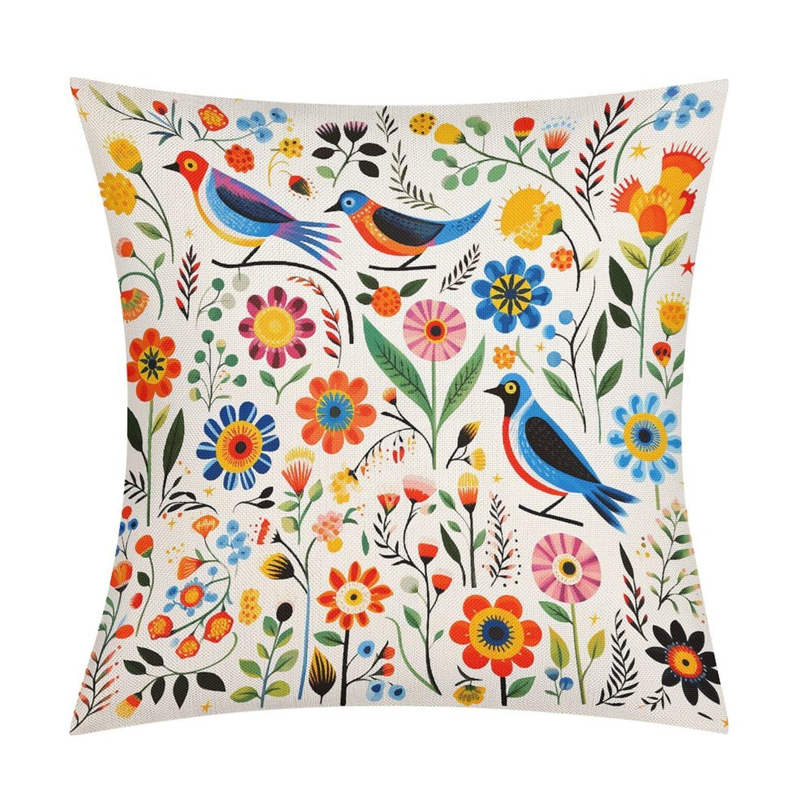 Fodpand Style Flower And Bird Pattern Pillow Covers 18X18 Inch, Pillow Cases Boho Farmhouse, Throw Pillow Covers For Couch Sofa Bed Spring Home Decor