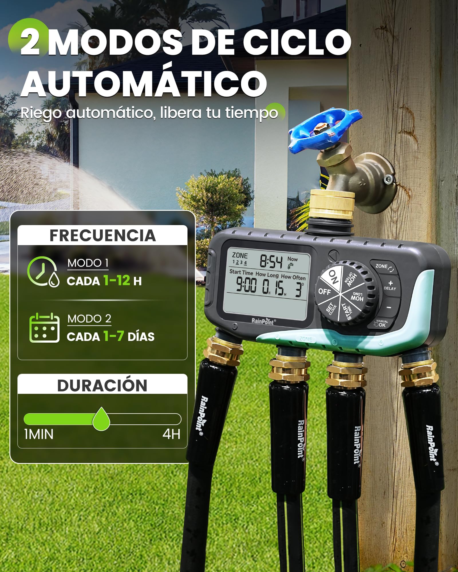 RAINPOINT Programador Riego 4 Salidas, Entrada y Salida de Latón, Impermeable IP65, Temporizador de Riego Automático con Retardo de Lluvia/Riego Manual, para Invernadero, Césped y Jardín