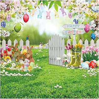 DHXXSC 10X10FT Spring Easter Garden Photography Backdrop Easter Backdrops for Photography Green Grass Lawn Pink Floral Fence Background Baby Children Birthday Party Decorations Banner DH-1104
