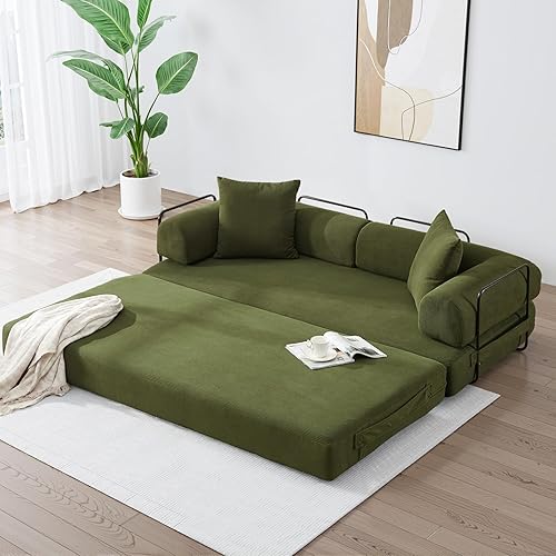 Convertible Sleeper Sofa Bed with Cylindrical Pillow, Corduroy Folding Mattress Couch with Fixed-Shape Frame, Floor Sofa Lounge Couch for Living Room Bedroom Lounge Studio-Green