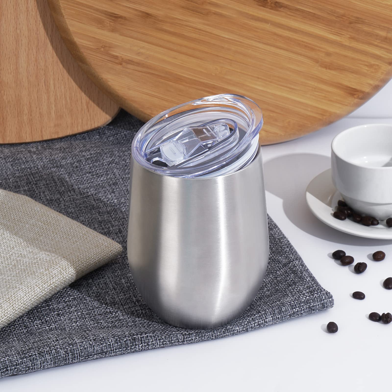 Joymaking Stemless Lot de 4 gobelets à vin en acier inoxydable avec couvercle, double paroi pour lait, café, vin, bière, champagne, cocktails, argent