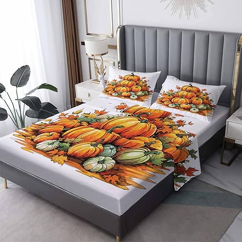 Sábanas de calabaza de Acción de Gracias, tamaño Queen, sábanas de cosecha de otoño, microfibra suave, bolsillo profundo, sábanas y fundas de disponible en Yaxa Peru